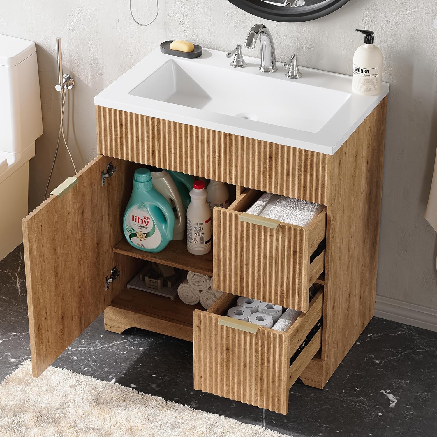 LINLUX 31” Bathroom Vanity with Ceramic Sink, Fluted Wood Storage Cabinet, Large Drawer & Cabinet for Bathroom Organization, Easy to Clean & Install, Natural Wood