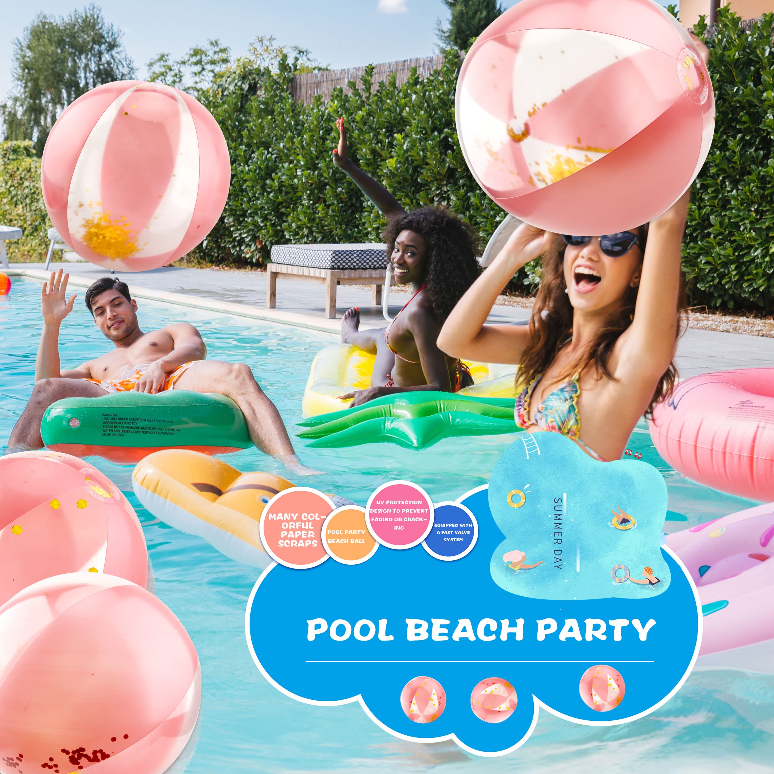 Paquete de 12 bolas inflables de playa con purpurina de 16 pulgadas, confeti, pelota de playa a granel para verano, playa, piscina, juguetes de fiesta acuática (oro rosa) 7