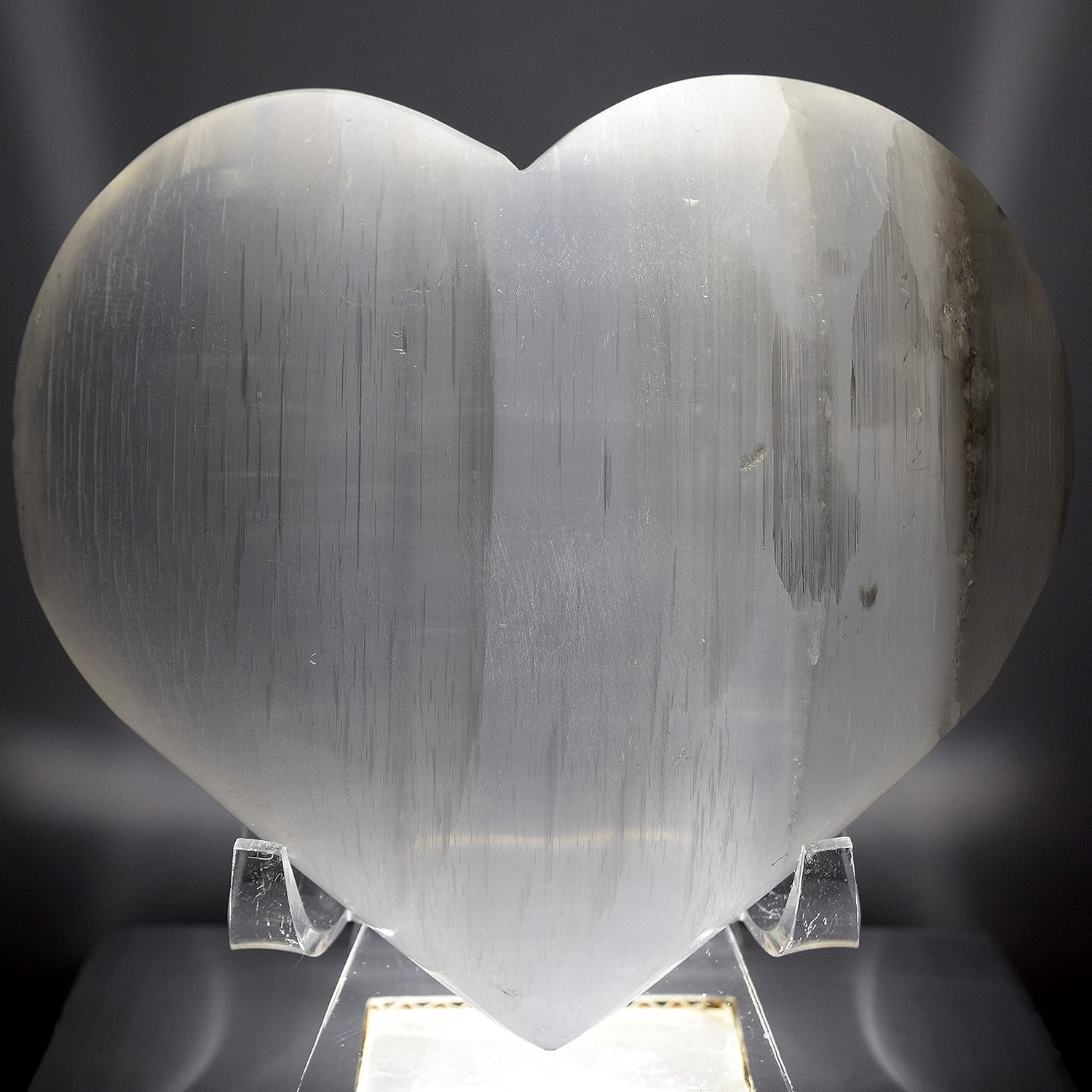 4.4" Selenite Satin Spar Puffy Heart White Natural Cat's Eye Crystal Polished Mineral Angels Love Stone Heart - Morocco + Acrylic Display Stand