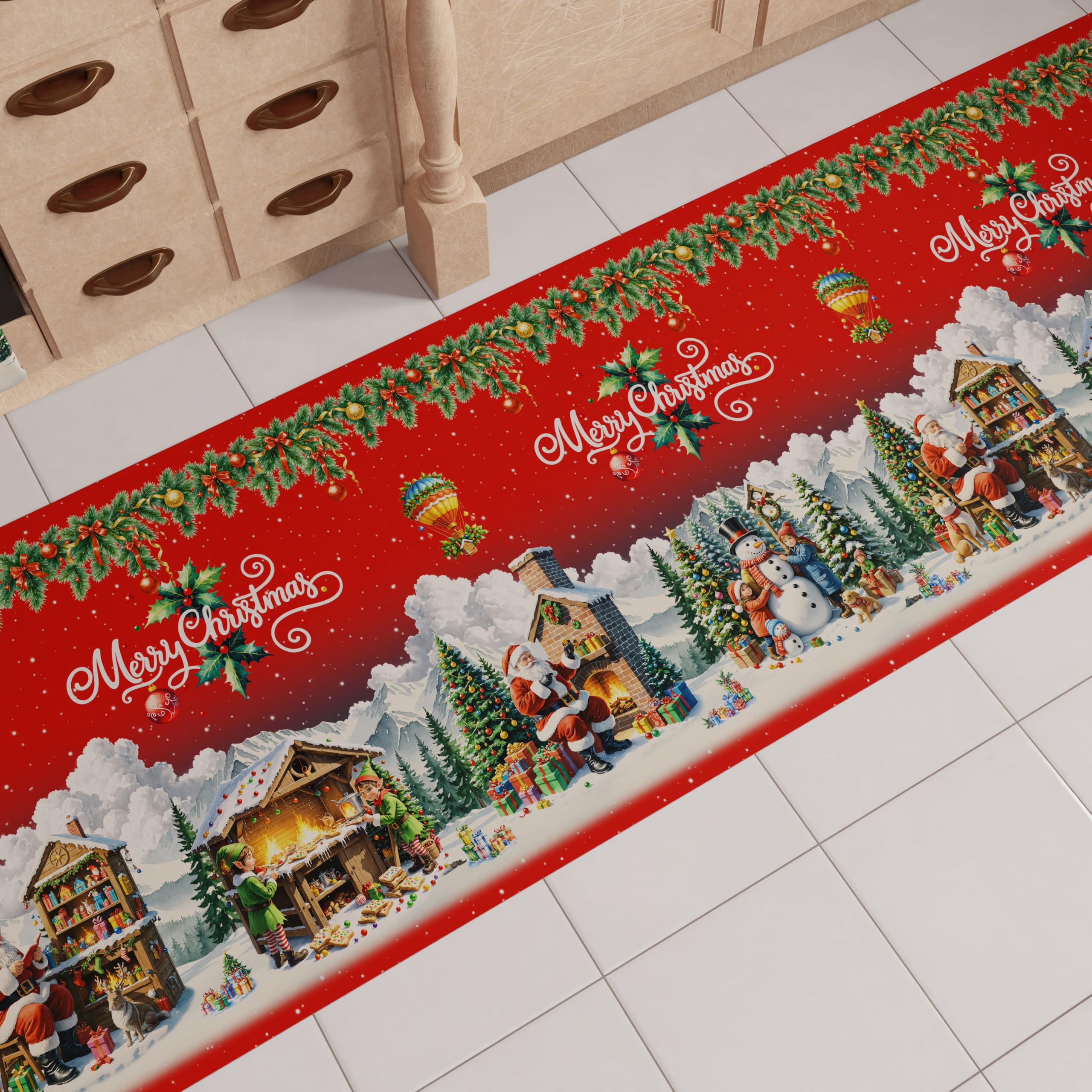 PETTI Artigiani Italiani - Tappeto Natalizio Cucina Antiscivolo Lavabile in Lavatrice, Passatoia Natalizia, Decorazione Natale Cucina 52x340 cm Villaggio di Babbo Natale, Made in italy