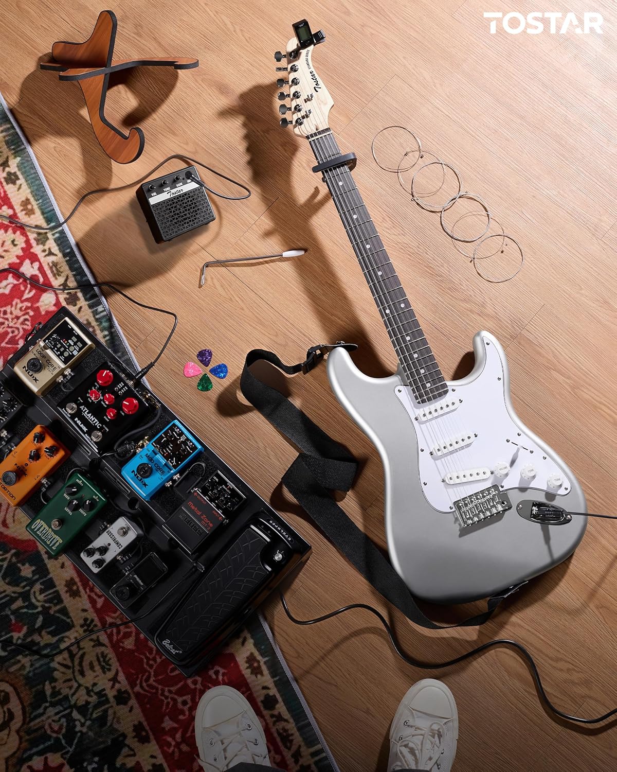 Tostar 39" Full Size Electric Guitar Kit For Beginners and Adults, SSS Pickup Guitarra Electrica Set Includes Tremolo Bridge, Lightweight Matte Finish, Amp, Strings, Gig Bag, Birthday Gifts, Silver