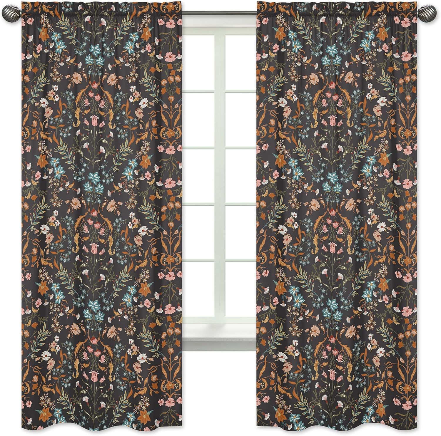 Sweet Jojo Designs Boho Wildflower Vintage Floral Girl Window Curtains Treatments Panels Baby Nursery Kids Bedroom Kitchen Room - Set of 2 - Black Orange Teal Bohemian Farmhouse Botanical Cottagecore