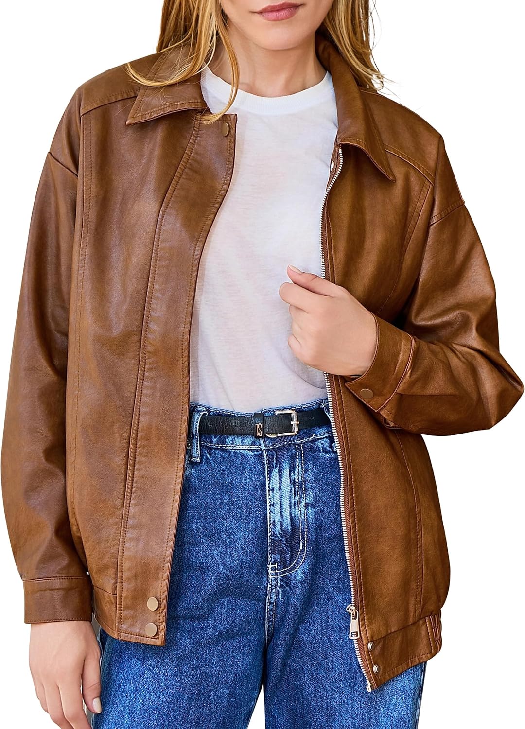 Women's Plus Oversized Faux Leather Bomber Jacket, Street Style Casual Zip Up Coat - Size Runs Larger