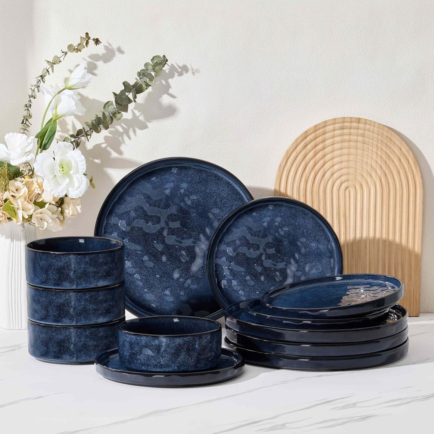 Herogo 12 Pieces Dinnerware Sets, Plates and Bowls Sets Service for 4, Modern Stoneware Dining Dishes, Dishwasher & Microwave Safe, Starry Blue