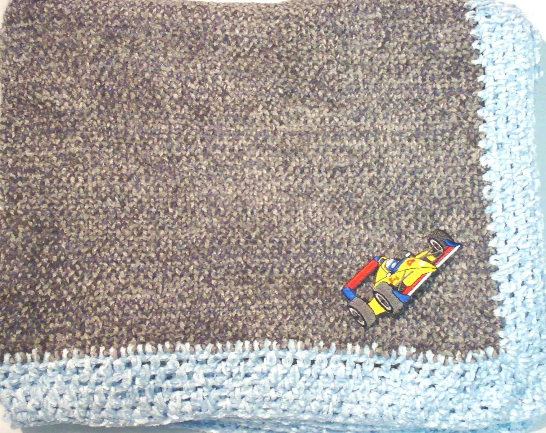 Knitted Dark Grey Chenille Infant Blanket Blue Hand Crochet Trim Race Car Patch