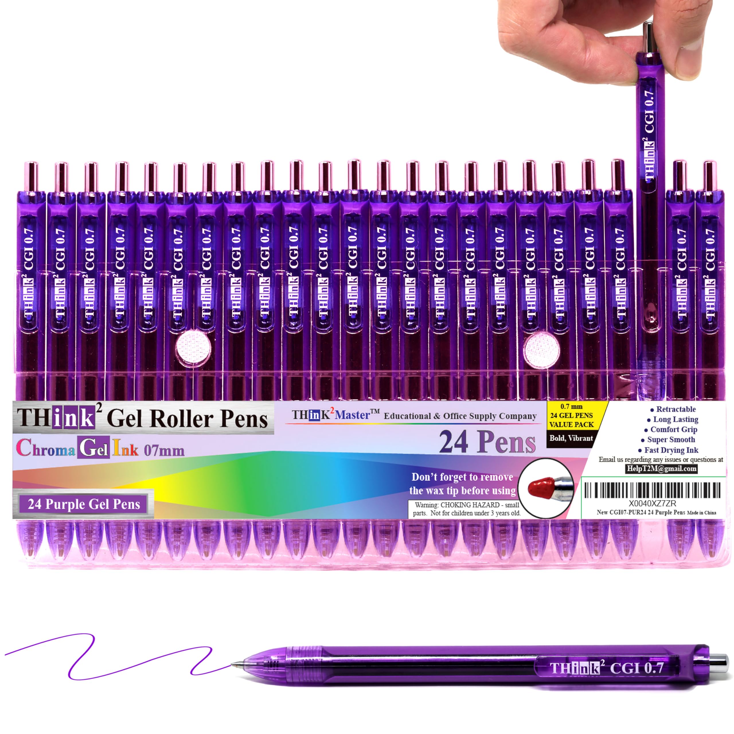 [24 Pens - Purple Ink] Think2 0.7mm CGI Retractable Gel Pens. (24 Purple) Medium Point Rollerball Pens with Smooth Quick Drying Ink.