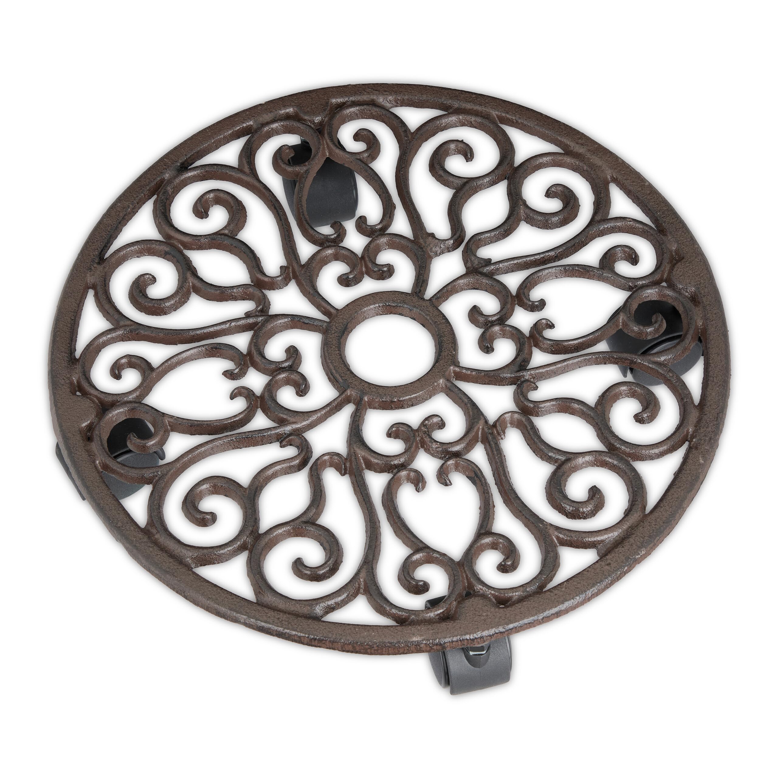 Relaxdays Lot de 2 Porte-Plantes à roulettes, en Fonte, H x D chacun : 7,5 x 34 cm, pour intérieur et extérieur, Marron