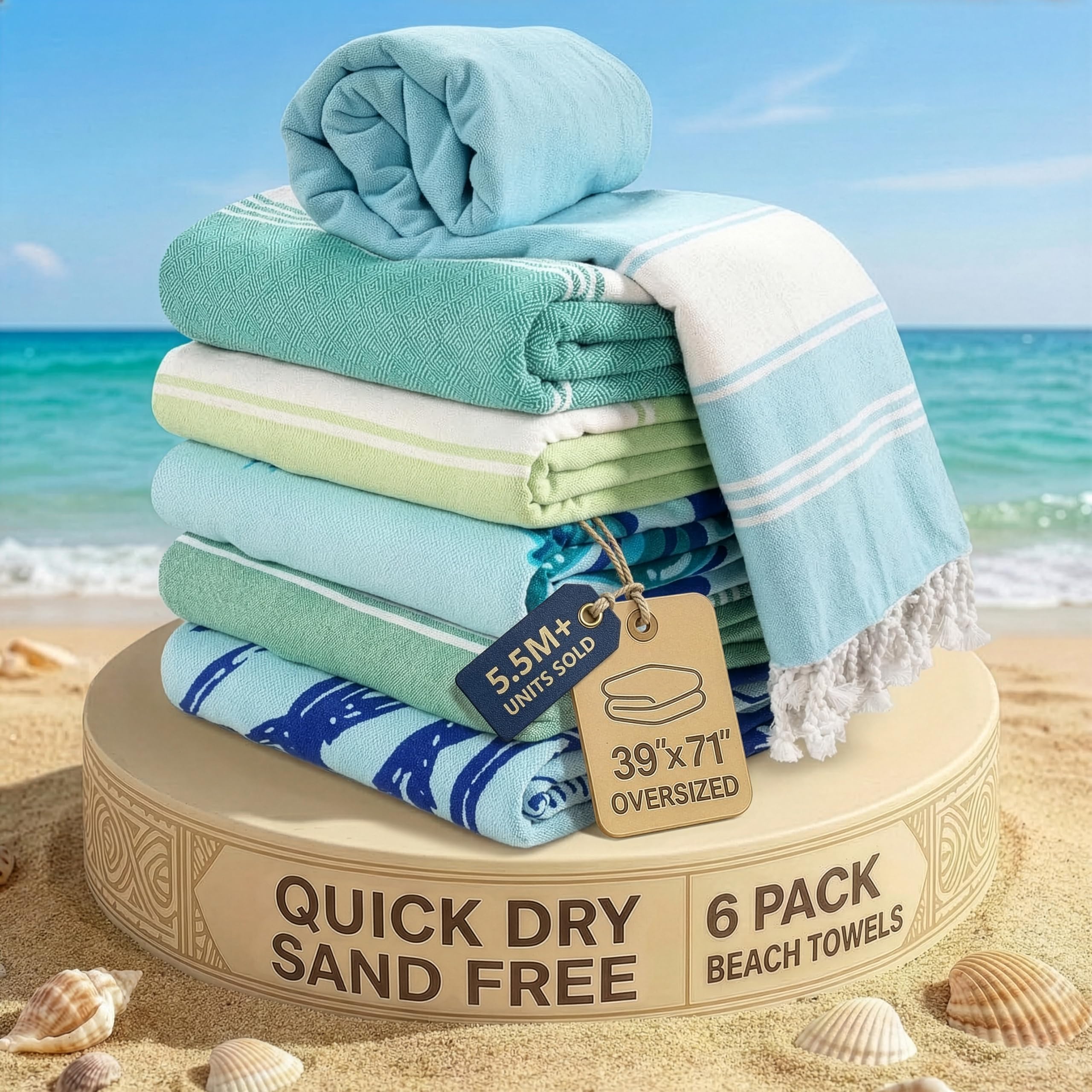 LANE LINEN Turkish Beach Towels Set of 6, Cotton Rich Oversized Beach Towel, Lightweight Beach essentials For Women, Large Pool Towel, Absorbent & Quick Dry, Sand Free Beach Towel, 39"x71" - Aqua