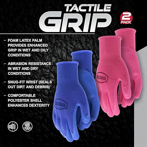 Miniatura 6 de BOSS Guantes de trabajo recubiertos de látex arrugado con agarre táctil para mujer, 2 paquetes, resistentes a la abrasión y al agua, talla grande