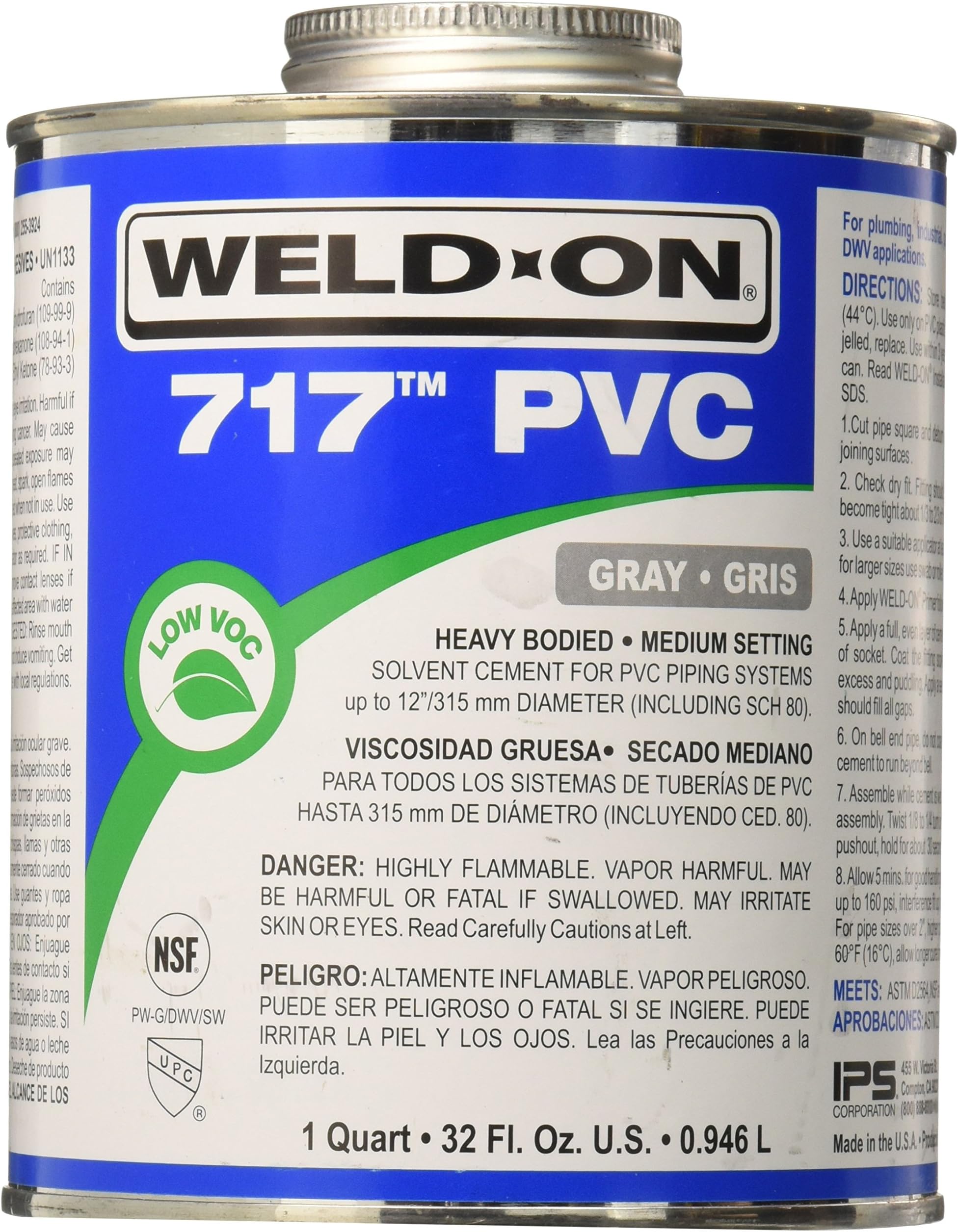 10145 717 PVC Heavy Bodied High Strength Solvent Cement - Medium Setting and Low-VOC, Gray, 1 Quart (32 fl oz)