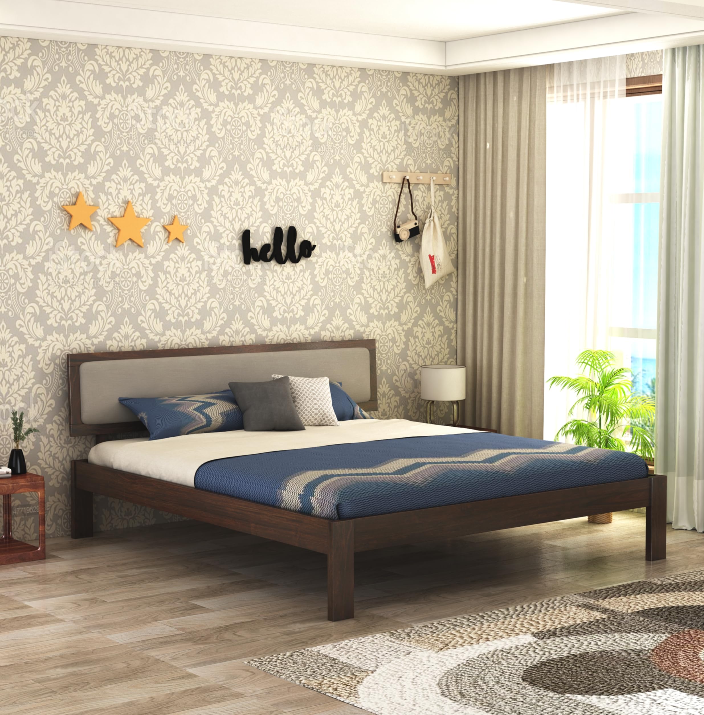 STRATA FURNITURE Solid Sheesham Wood Queen Size Bed Without Storage for Bedroom Living Room Home Wooden Cot Double Bed Palang with Cushion Headboard Furniture (Walnut Finish)