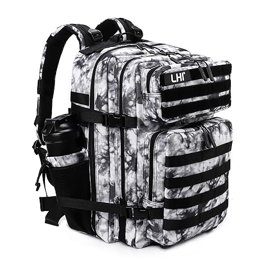 LHI Military Tactical Backpack for Men Molle Daypack 45L Army 3 Days Assault Pack Bag Large Rucksack With Bottle Holder Black and White(12*20*12)