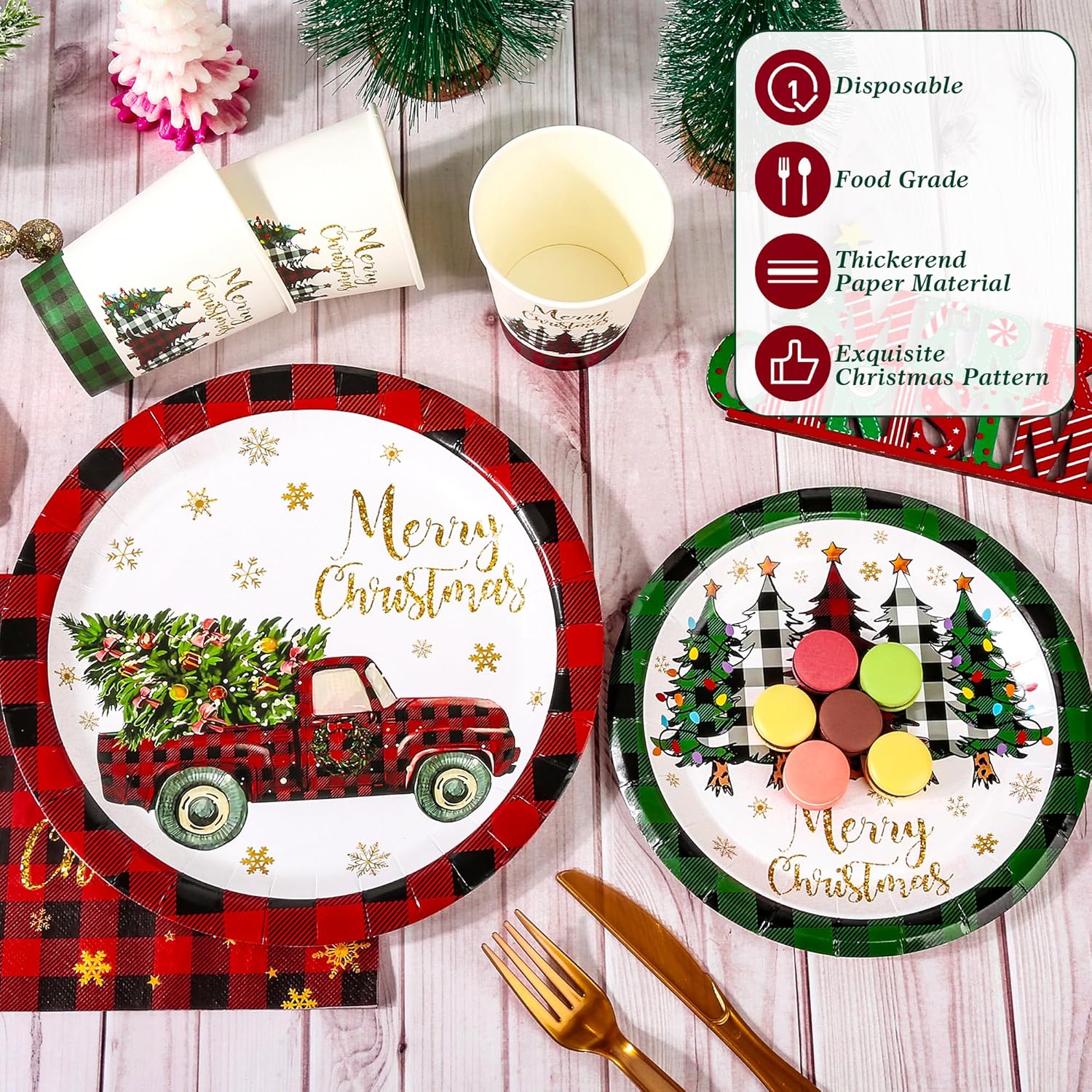 400 Pcs Christmas Paper Plates and Napkins Set, Merry Christmas Buffalo Plaid Disposable Dinnerware Set for 50 Guest, Xmas Tree Truck Paper Plates and Napkins Cup Knives Spoon Fork for Holiday Decor