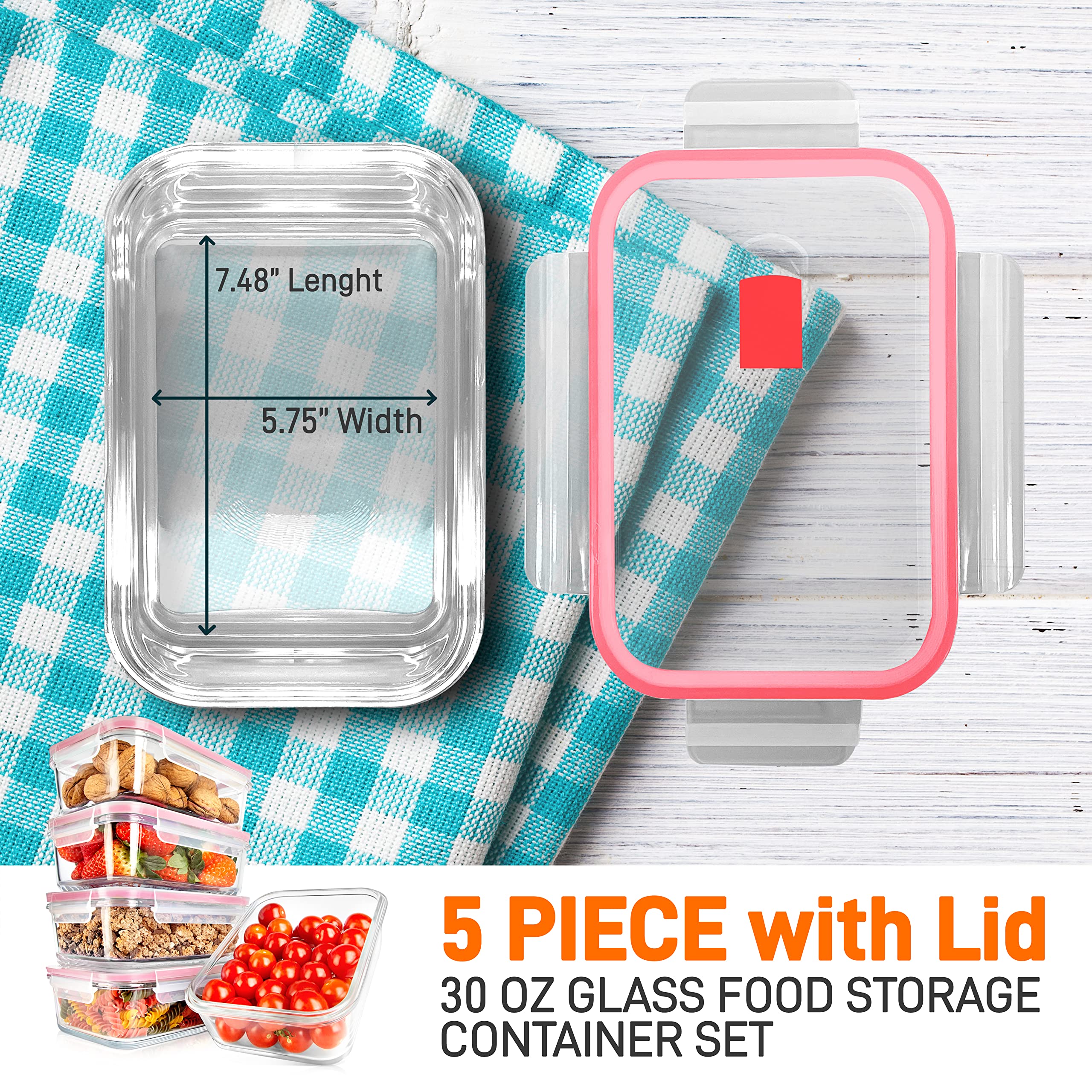NutriChef 10 recipientes de vidrio para alimentos, apilables, de vidrio superior, tapas de bloqueo a prueba de fugas con agujero de aire, aptos para congelador a horno (rojo)