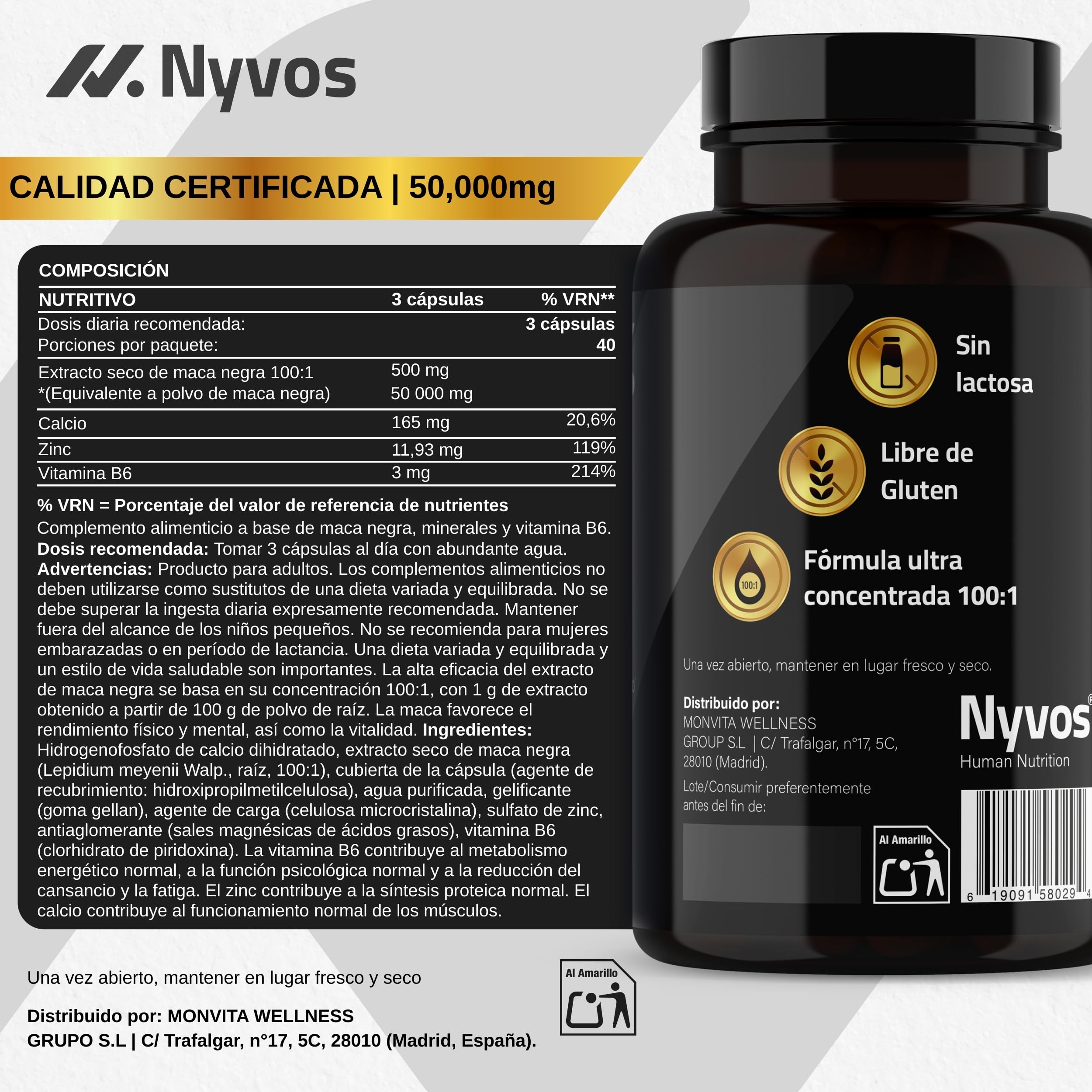 Maca Negra Ultra 50.000 mg (concentrado 100:1) - Vitalidad Masculina y Energía - con Extracto estandarizado, Zinc, B6 y Calcio - vegano, sin cafeína - 120 Cápsulas - Nyvos