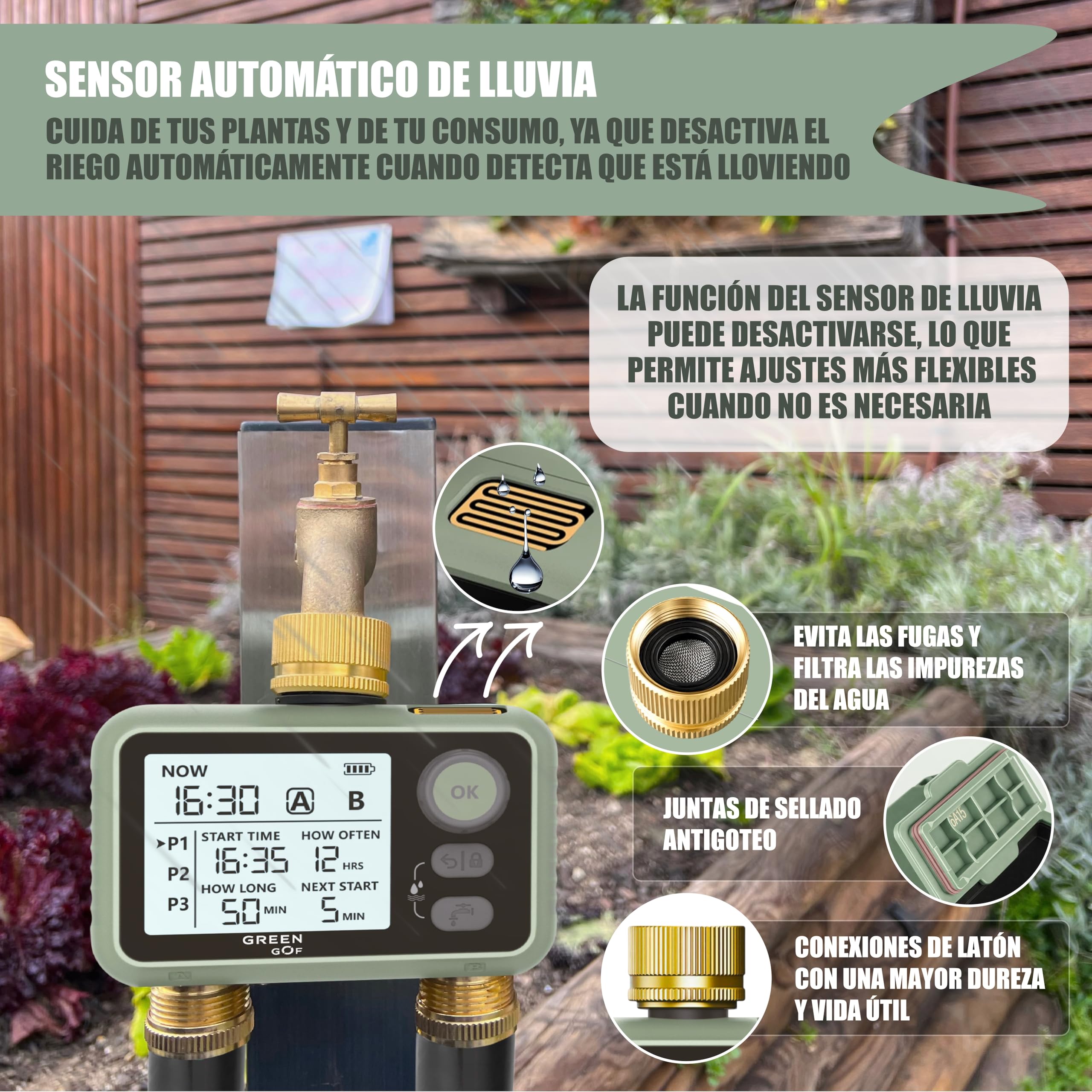 Programmatore di irrigazione Premium - Connettori in ottone - Sensore pioggia - 2 uscite d'acqua - Timer a basso consumo a batterie - 6 programmi indipendenti - Facile e intuitivo.