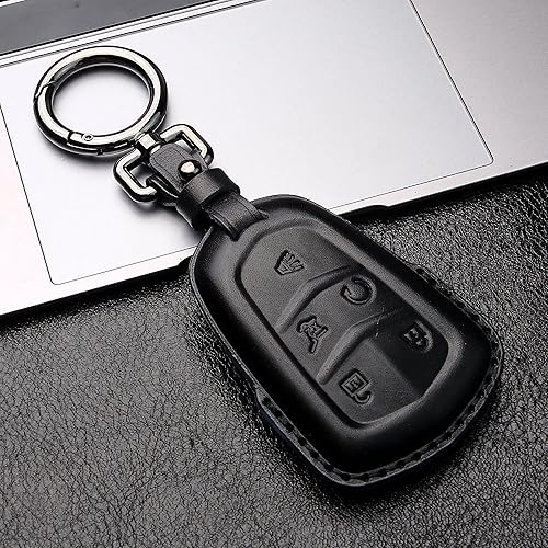 Miniatura 3 de Tukellen Funda de cuero para llavero Cadillac con llavero de cuero, protección completa de 360 grados, compatible con Cadillac Escalade CTS SRX XT5