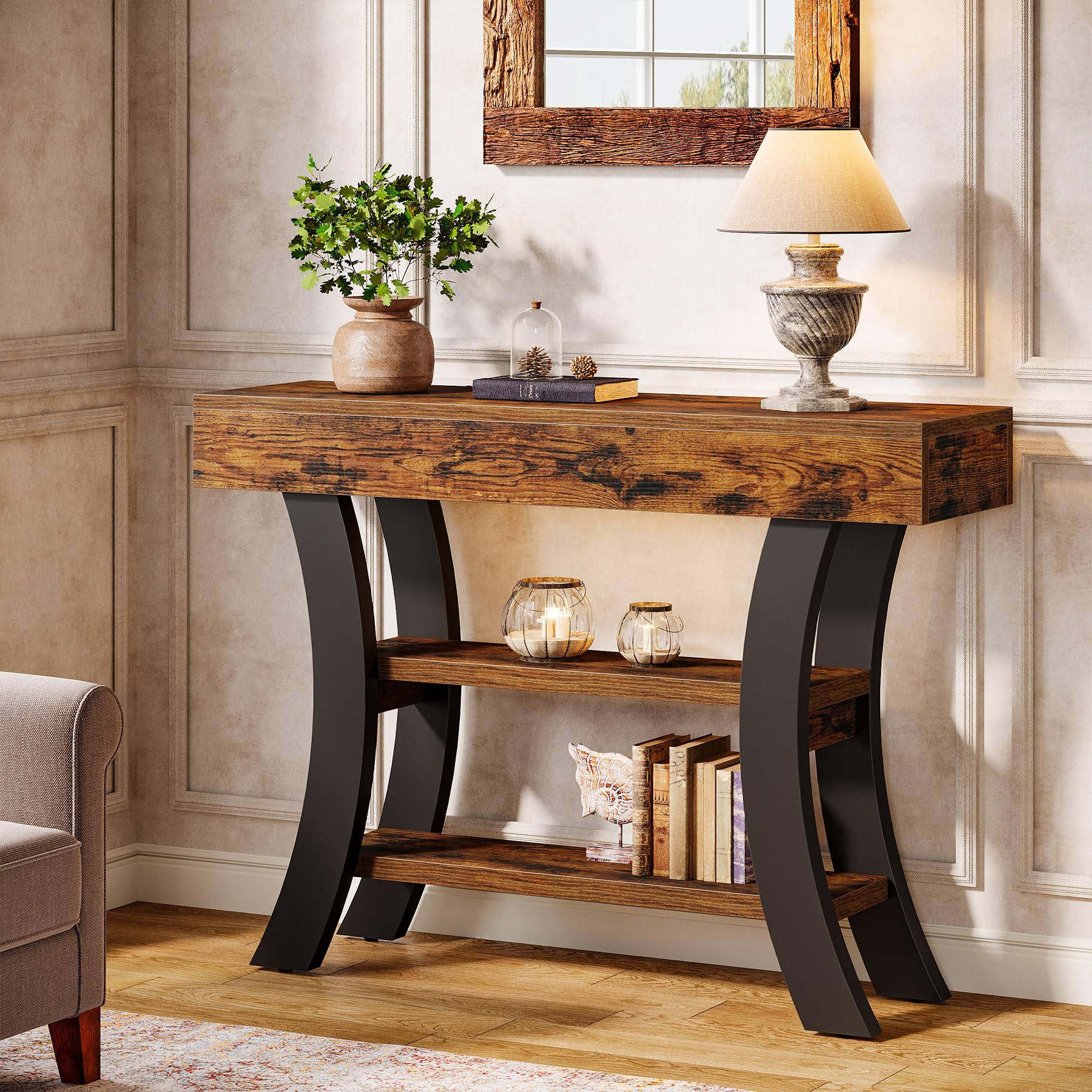 Tribesigns - Tavolo consolle piccolo da 105 cm per l'ingresso, tavolo da salotto rustico a 3 livelli con ripiani e cornice curva per soggiorno, ingresso, corridoio, foyer, marrone rustico