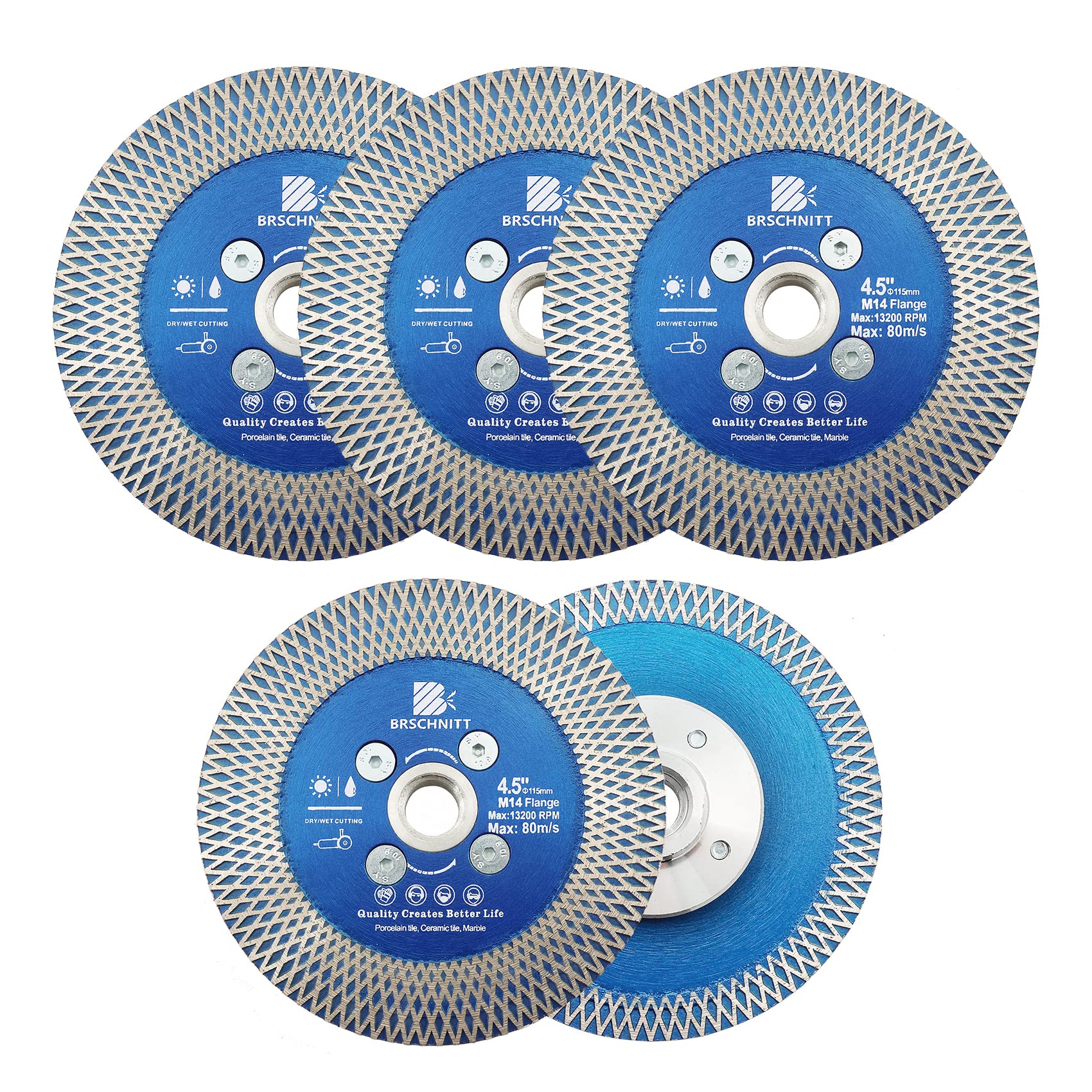 Diamond Porcelain Tile Saw Blade - BRSCHNITT 5pcs 115mm Super Thin Diamond Cutting Grinding Disc with X Teeth with M14 thread for Ceramic Tiles,Granite,Marble Angle Grinder Circle Saw Blade