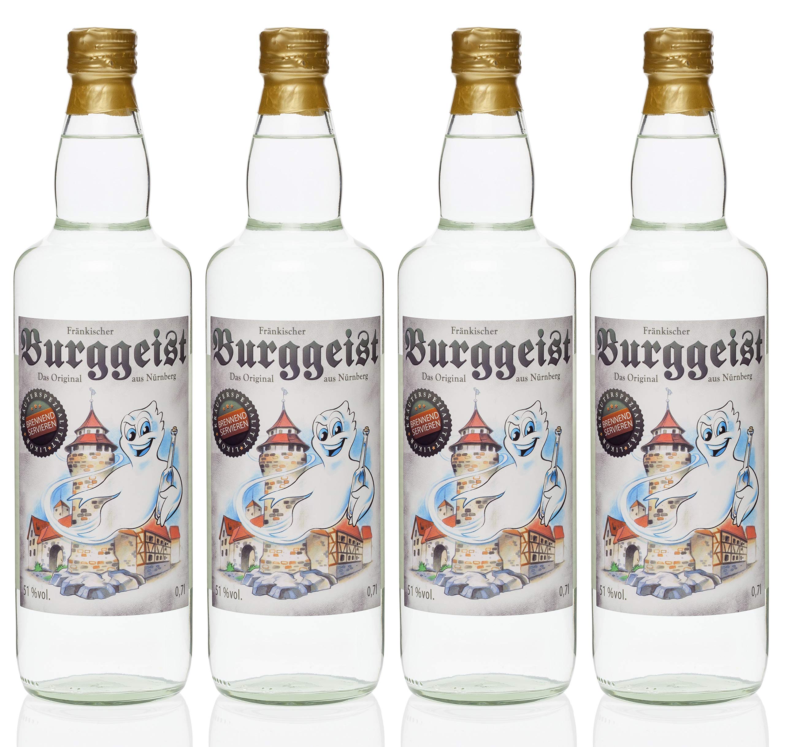 Fränkischer Burggeist ® 0,7 Liter 4 Flaschen Kultbrand DLG Gold, Nürnberg, Deutsche Qualität vom Hersteller, Kräuterlikör, Kräuterliqueur, Kräuterschnaps, Wer Hochmoorgeist mag, wird Burggeist lieben