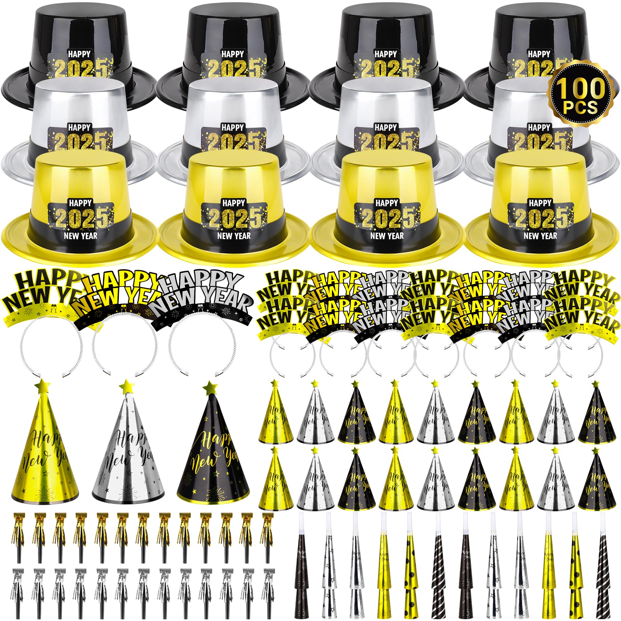 Sponsored Ad - 100PCS New Year's Party Supplies for 50 People - Headbands, Plastic Cardboard, 2026 Shiny Cone Hats, Horns, Fringed Blowouts - Gold, Silver, Black