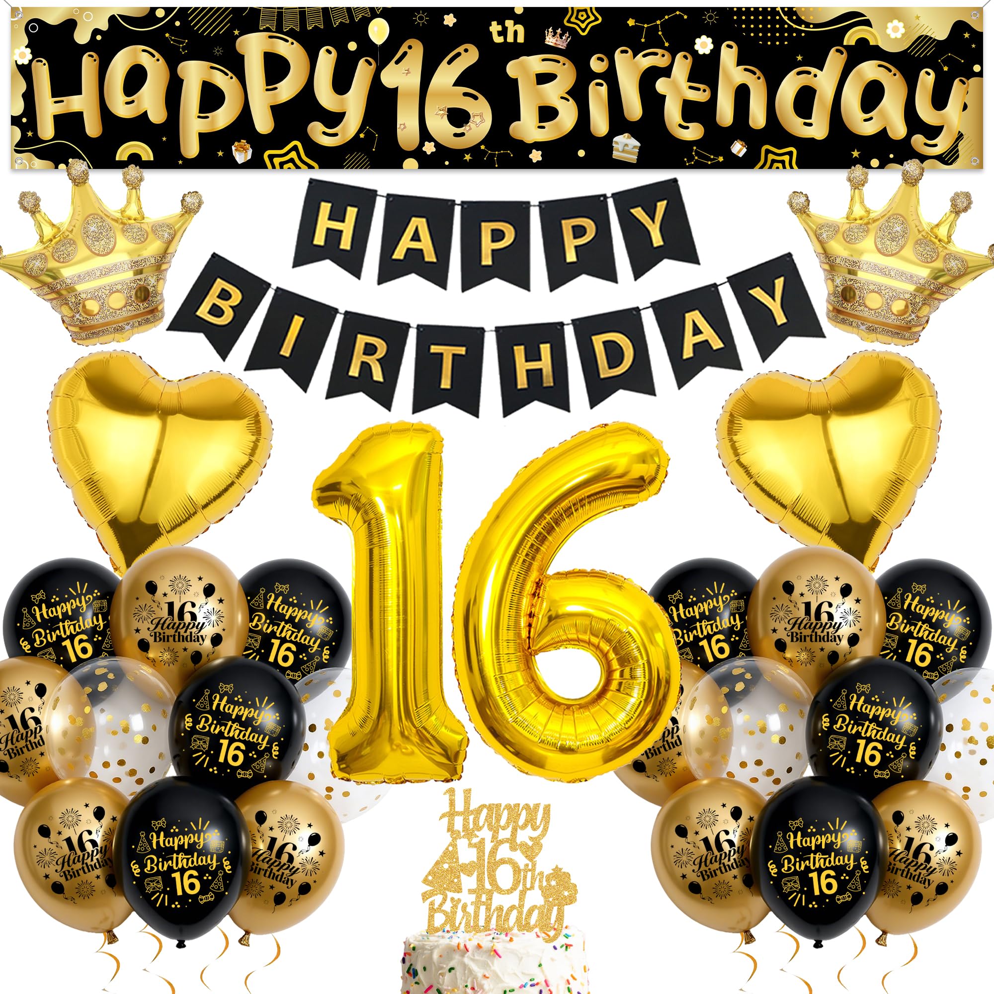 16th Birthday Decorations Balloon Set - Black Gold Happy Birthday Banners Kit with Cake Topper, Number 16 Balloon and Yard Banner for Boys Girls 16 Years Old Birthday Party Supplies
