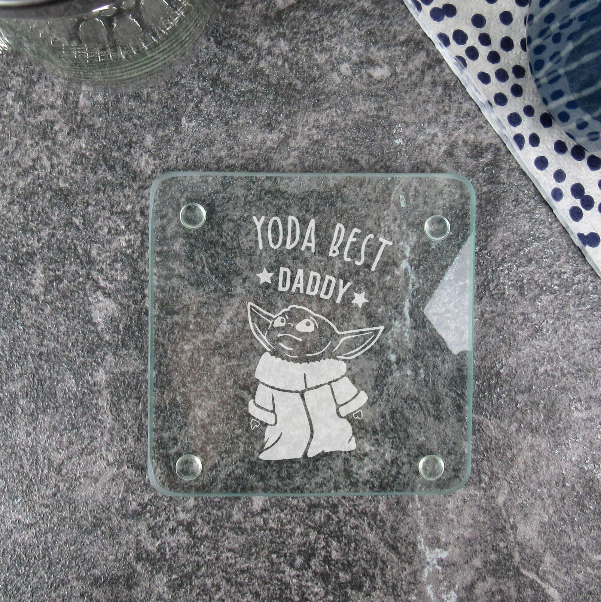 eBuyGB Personalised Square Glass Coaster, Engraved Baby Yoda Coaster, Star Wars Themed Drinks Mat, Funny Gifts for Daddy from Daughter, Son (Yoda Best Daddy)