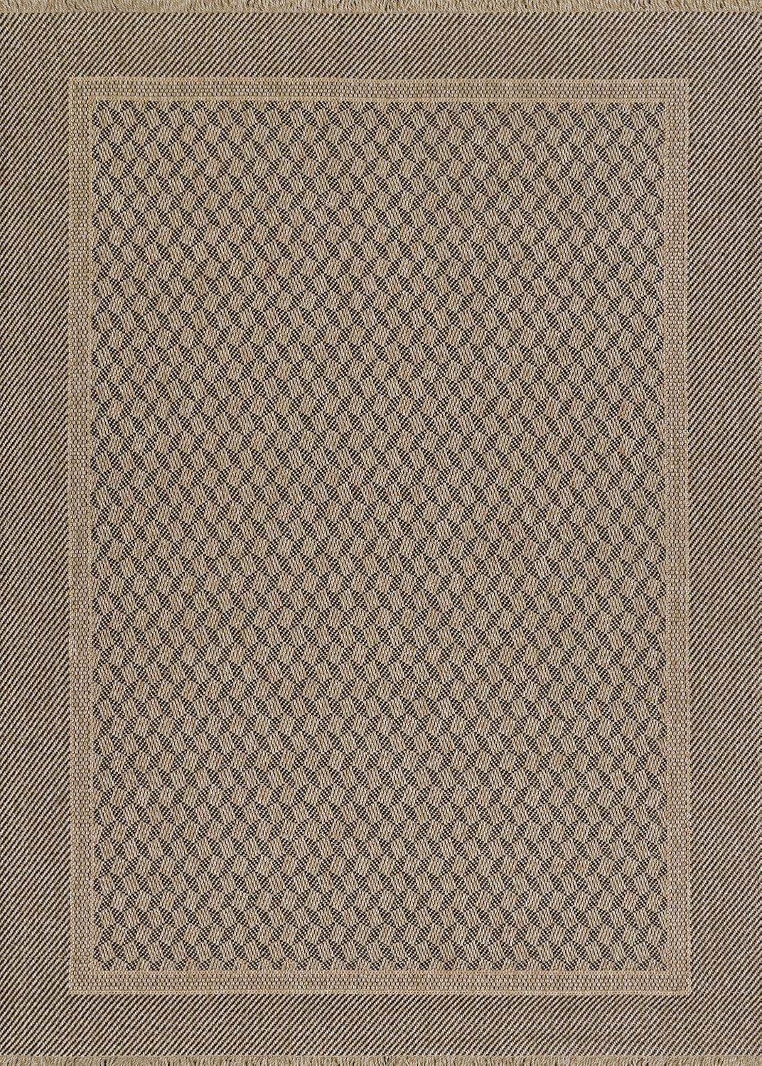 Couristan Naturalistic Symmetry 5'3" x 7'6" Natural Black Indoor Outdoor Area Rug - Diamond Lattice, Fringed, Hose Washable High-Low Weave, UV-Protected, Living Room Bedroom Patio