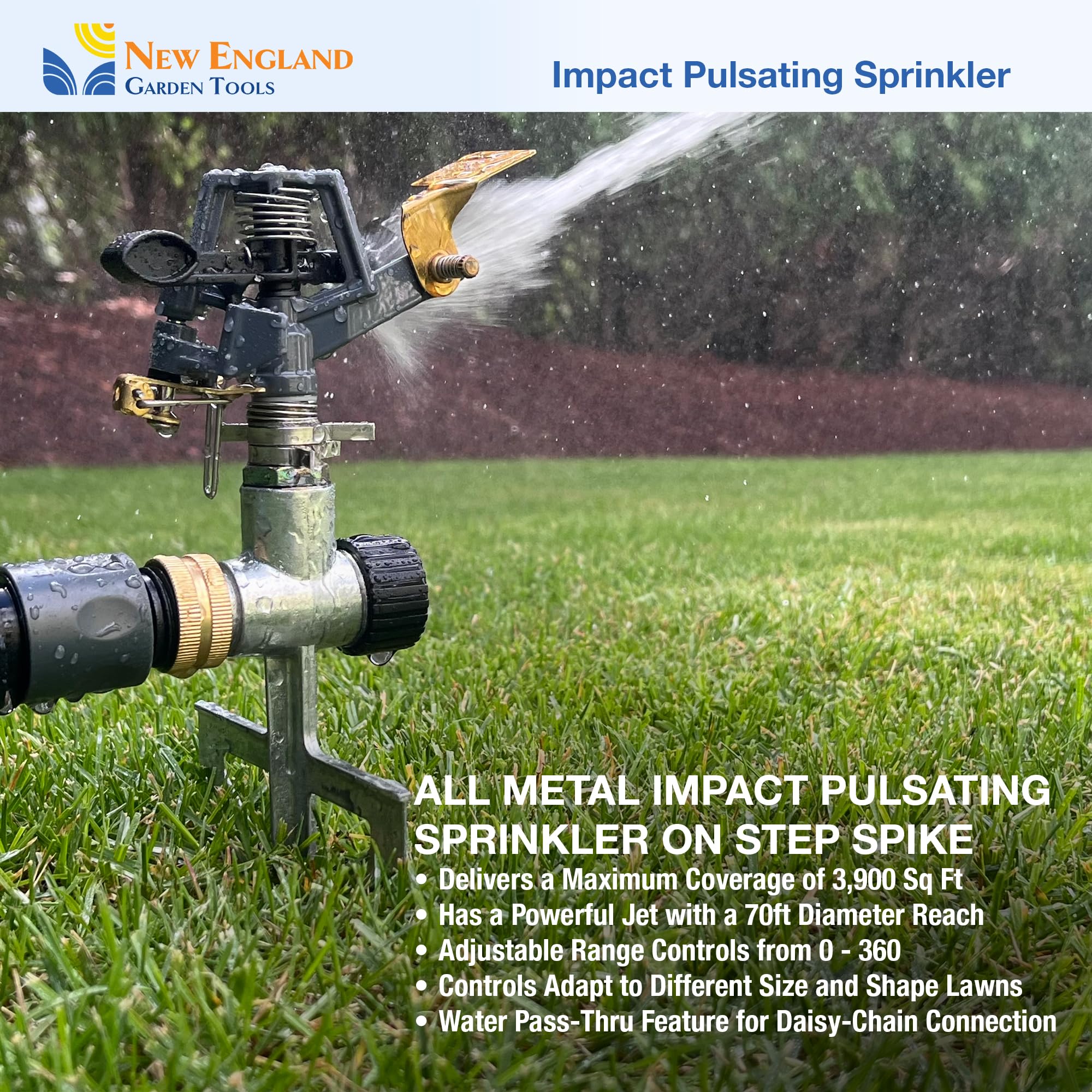 Aspersor de impacto pulsante para césped 300009, de servicio medio en estaca grande, ajustable a 360 grados New England Garden Tools