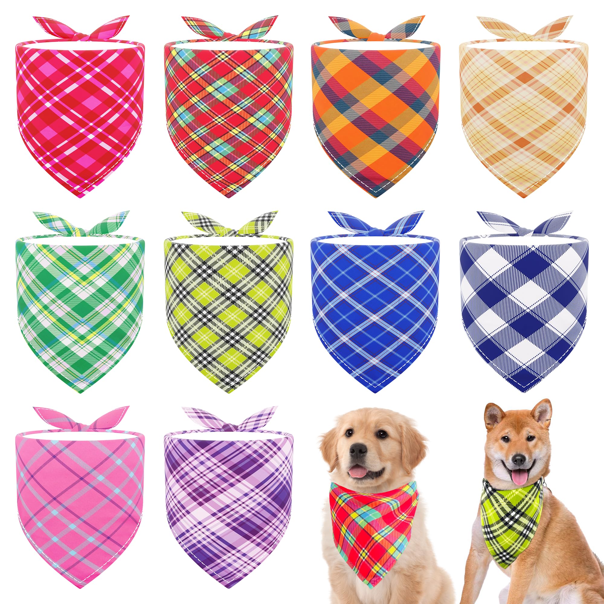 JpGdn 10Pcs Pack Dog Bandanas Plaid pattern for Medium Dogs Kerchief Washable Triangle Bibs Scarfs for Boys and Girls Pet Grooming Accessories