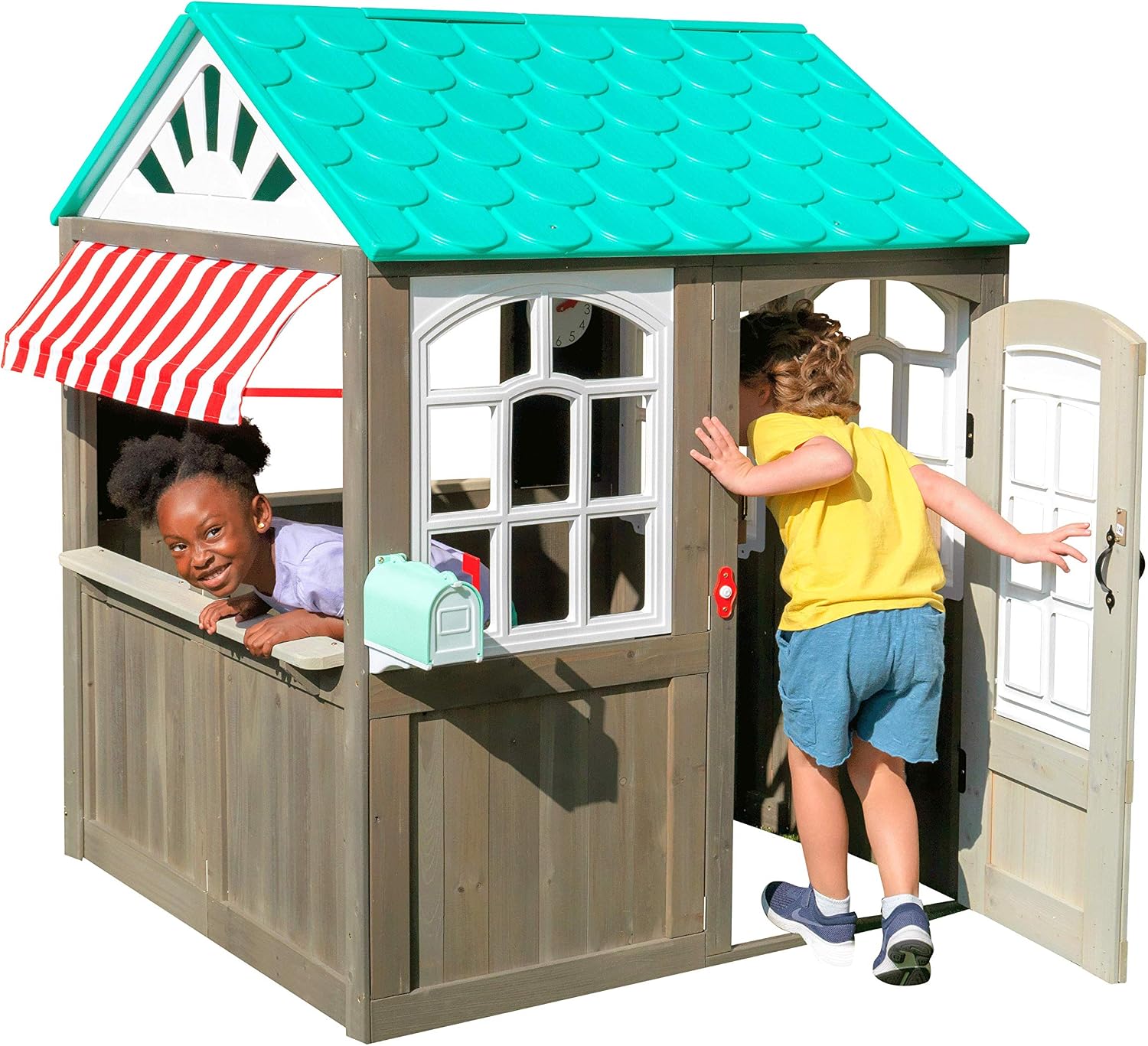KidKraft 419 Maisonnette en Bois Coastal Cottage avec auvent rayé, cabane extérieur pour Enfants incluant Accessoires, Marron — vue 2