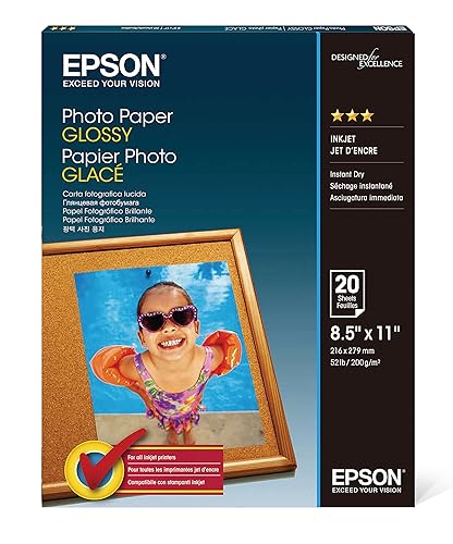 Epson Glossy Photo Paper, 8.5 x 11 Inches, 20 Sheets per Pack (S041141),White - White - One Size