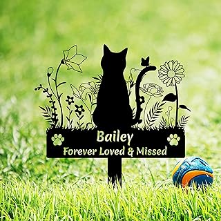 GRJIRAC Custom Cat Name Memorial Grave Stake Marker, Personalized Floral Cat Memorial Grave Marker, Customized Flowers Butterfly Cat Memorial Stake Outdoor Metal Grave Plaque Cat Memorial Statue