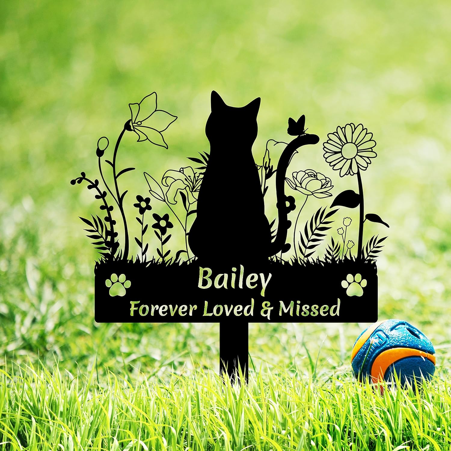 Custom Cat Name Memorial Grave Stake Marker, Personalized Floral Cat Memorial Grave Marker, Customized Flowers Butterfly Cat Memorial Stake Outdoor Metal Grave Plaque Cat...