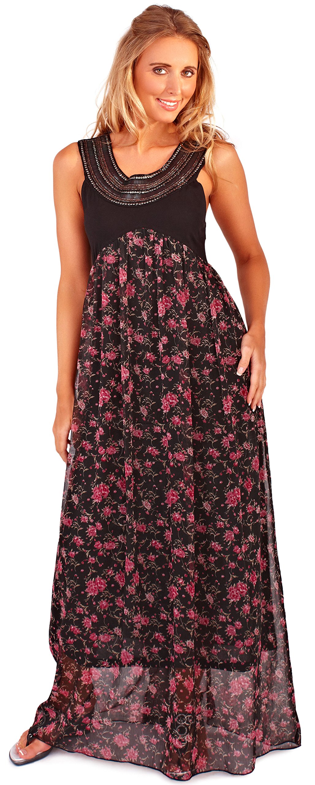 Pretty Womens Lightweight Lined Full Length Dress with Sequin, Chain and Bar Detail, Floral Print