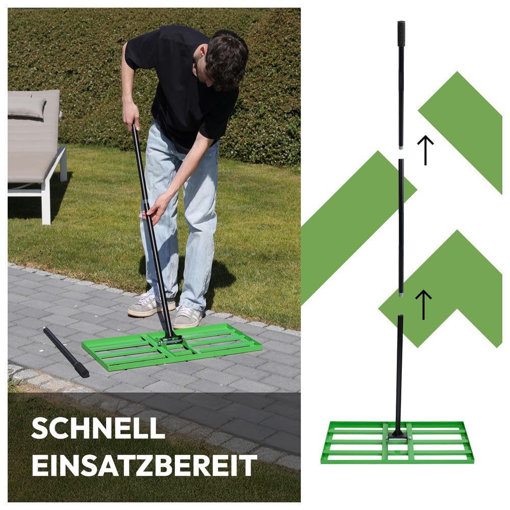 Dönges Rasenrakel 75x35 cm mit 2 Meter Stiel [für den perfekten Rasen] I Ideal zur Rasenpflege, Sandverteilung und Rasennivellierung I Leicht und handlich anwendbar zum Rasen rakeln und lawn leveling