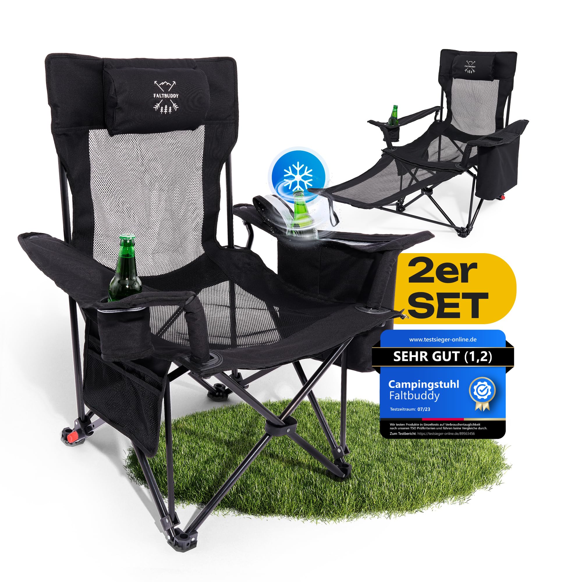 Faltbuddy® Campingstuhl faltbar & Liegestuhl klappbar 2in1 180Kg schwarz [XXL Kühltasche] Faltstuhl I Klappstuhl I Angelstuhl Campingliege Strandliege klappbar leicht - Angler Strand Festival Outdoor