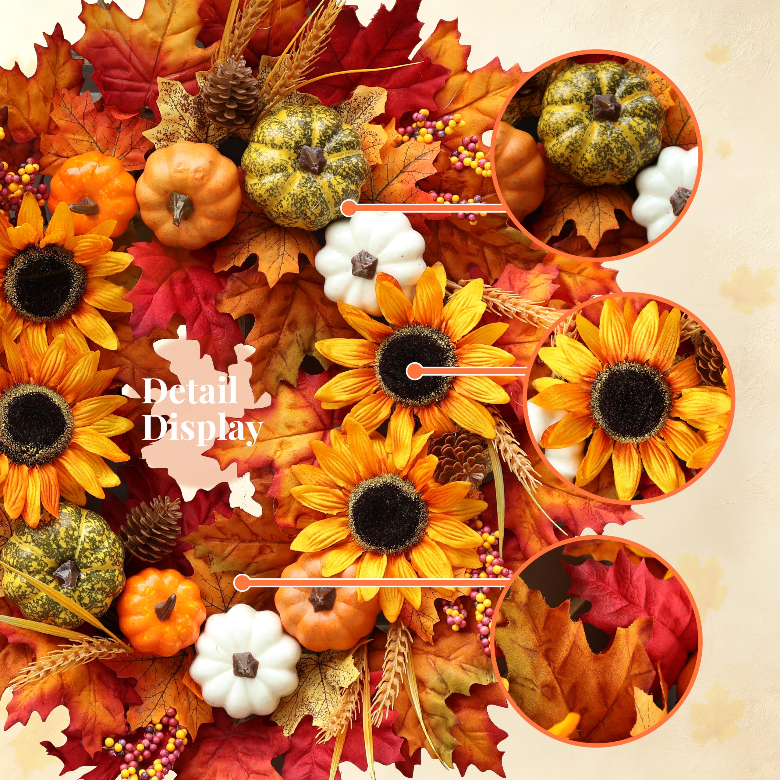 Couronne d'automne de tournesol pour porte d'entrée avec feuilles d'érable | Couronne d'automne artificielle avec pommes de pin pour Thanksgiving, Halloween, décoration de fenêtre, mur, ferme