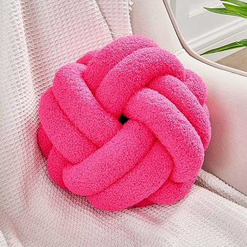 Uvvyui Bola de almohada de nudo, almohadas anudadas suaves de color rosa intenso para decoración del hogar, almohada redonda de felpa hecha a mano,