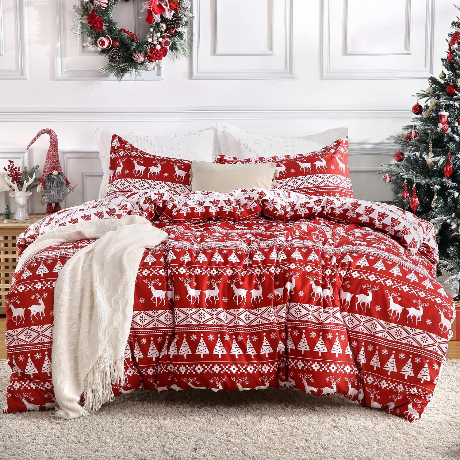 CAROMIO Christmas Duvet Cover Queen, Soft Microfiber Red Duvet Covers, Reversible Printed Comforter Cover Set Holiday Decorative Bedding (Reindeer and Tree Pattern) - Image 2