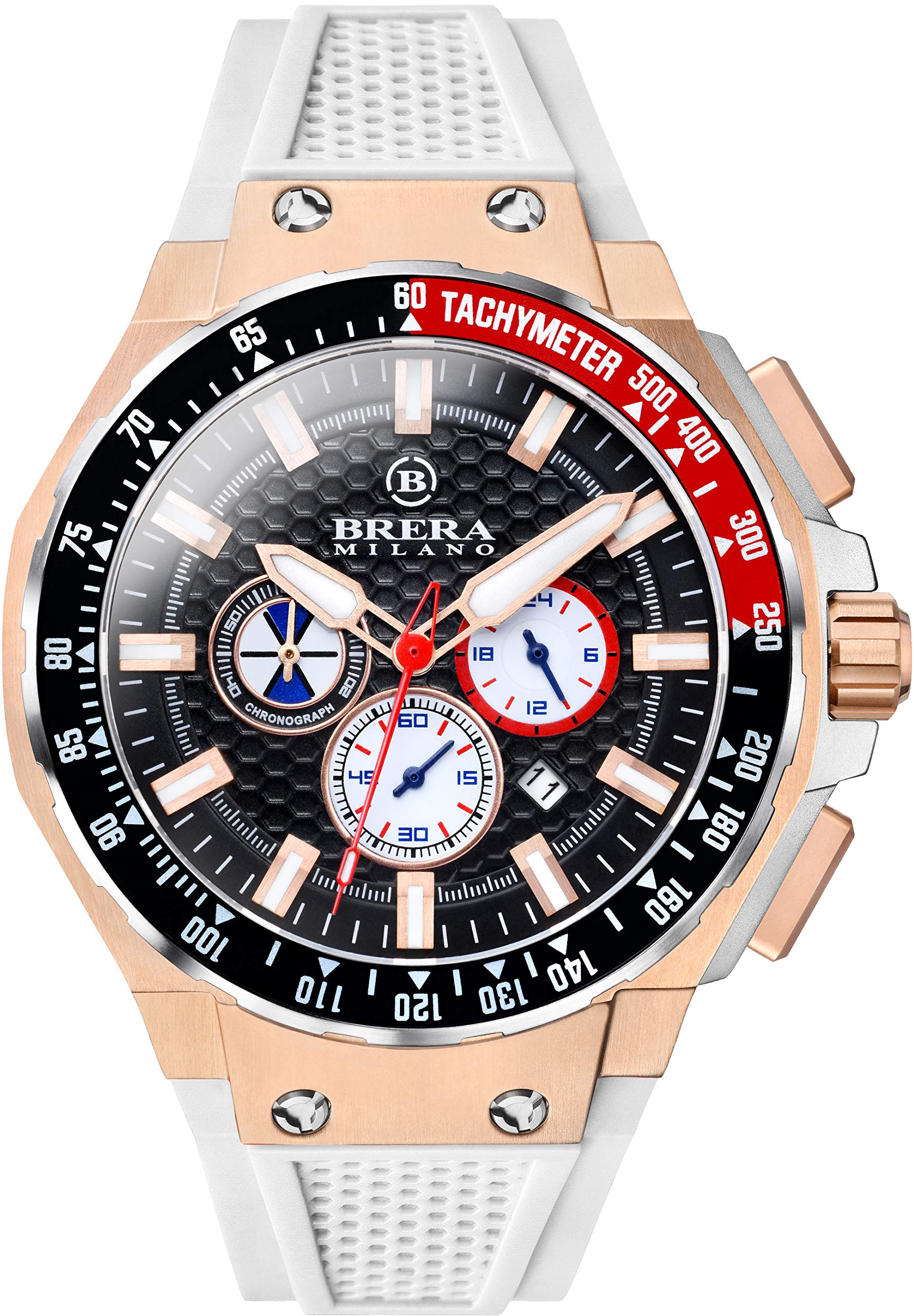 BRERA OROLOGIBrera Milano Men's Watch Granturismo Gt2 45Mm Quartz Chronograph, Rose Gold/Steel Steel Case, Black Dial - White Natural Rubber Strap, Rose Gold Deployant