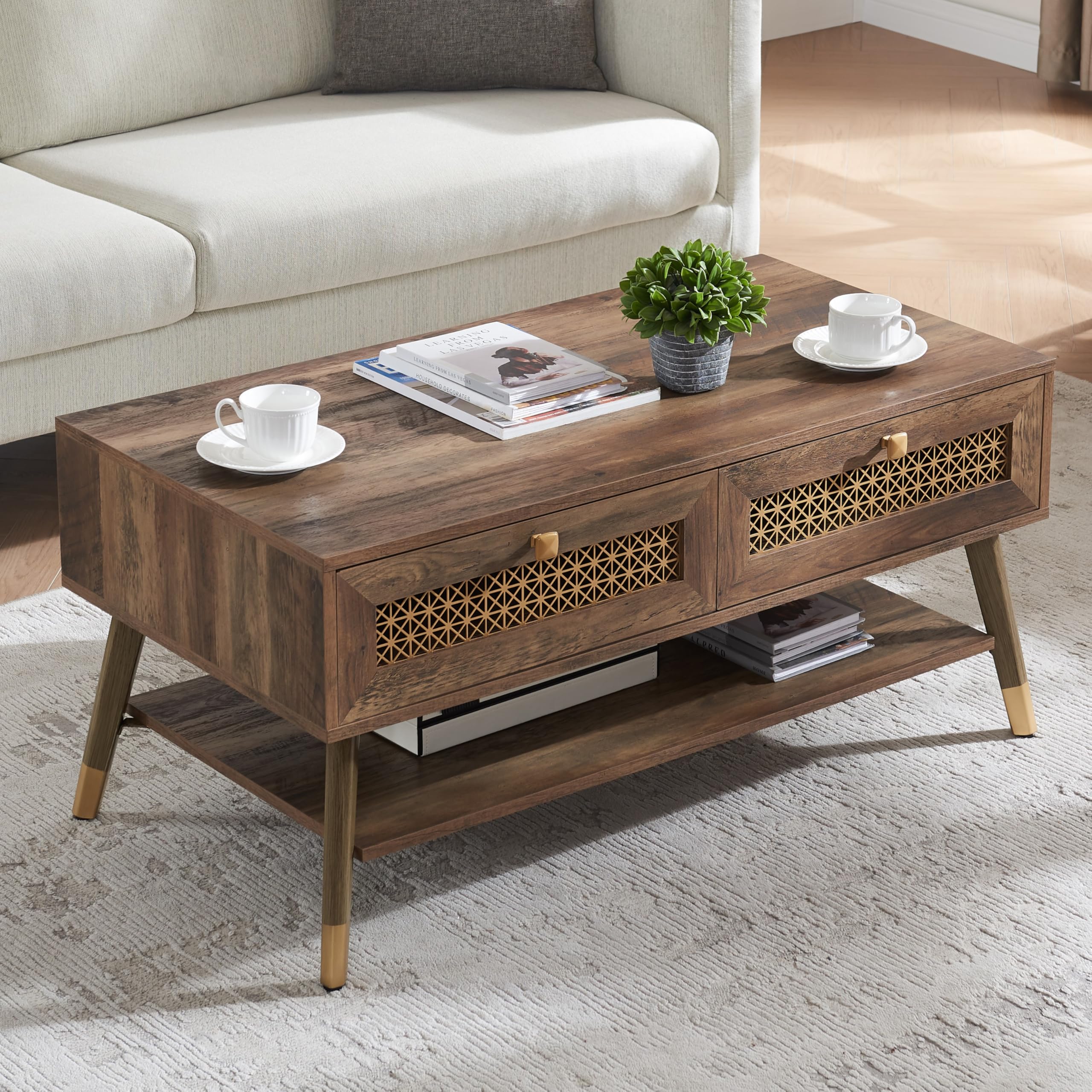 Mid Century Modern Coffee Table with Storage Drawers & Open Shelf, Solid Wooden Boho Rectangle Table with Metal Legs Designed for Living Room, Office, Lounge. Rustic Oak Color with Golden Decor