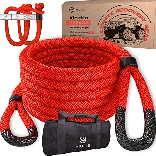 Miolle 7/8" x 30' Kinetic Recovery & Tow Rope, Red (29,300 lbs), with 2 Spectra Fiber Soft Shackles 3/8' x 6" (35000 lbs)