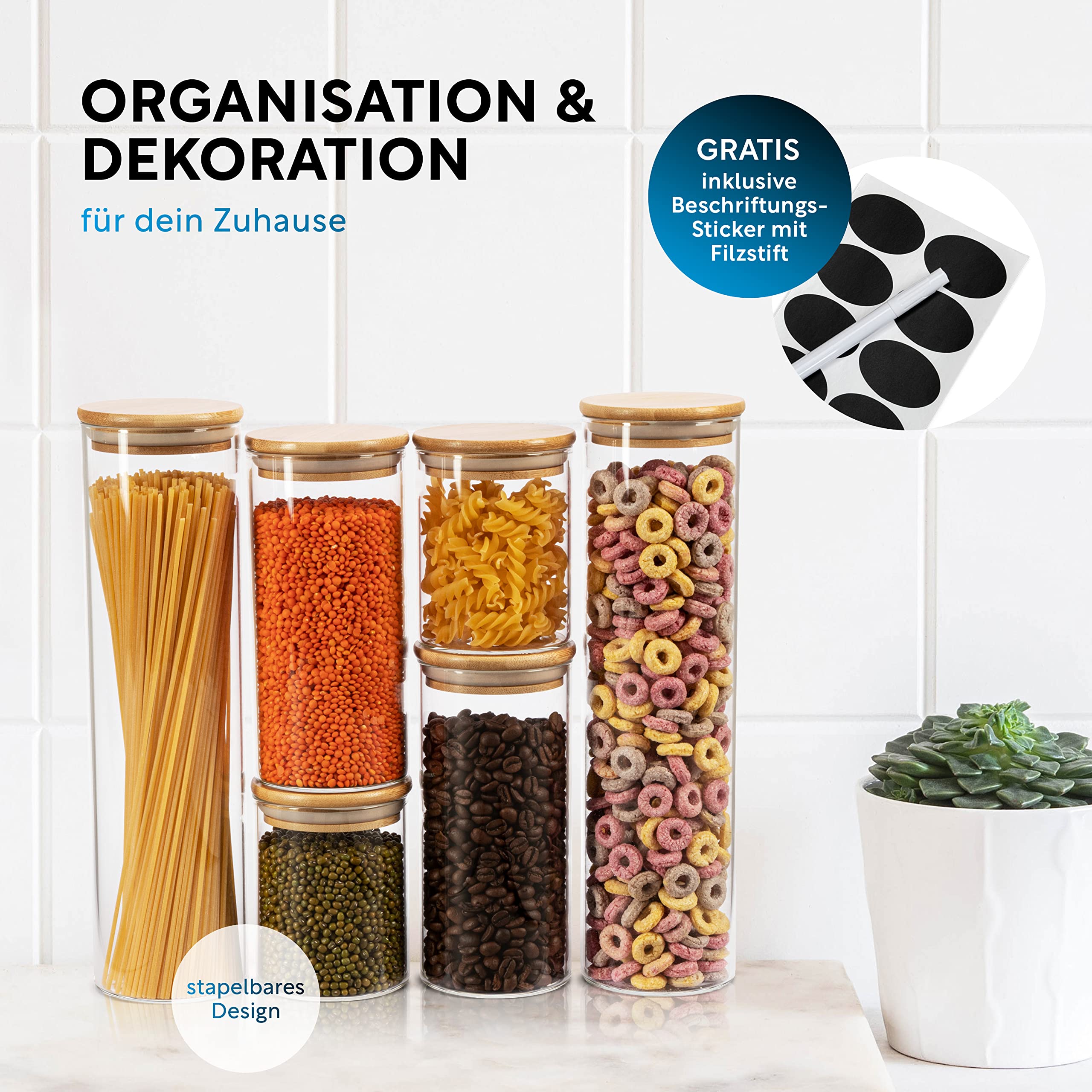 CLIDOR ® Set di 6 barattoli rotondi di alta qualità, resistenti 3 mm di spessore, contenitori ermetici in vetro con coperchio per una conservazione sicura, barattoli impilabili con coperchio,