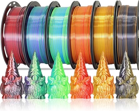 MIKA3D 6 Spools Bicolor Dual Color 1.75mm 3D Printer Filament Bundle, 3D Printing Silk PLA, Silk Red-Gold/Red-Black/Black-Orange/Gold-Copper/Lime Green-Blue/Green-Purple, 3D Silk PLA 250g X 6 Spools