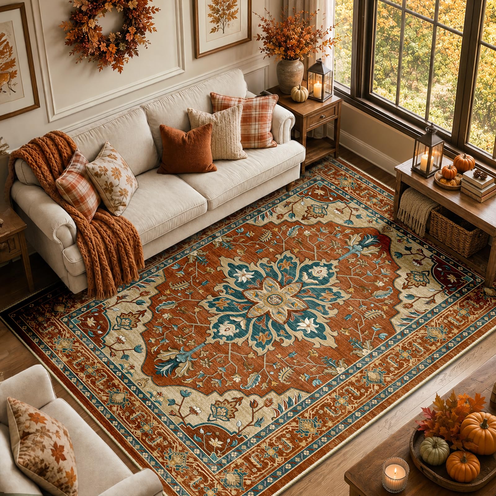 View 1 of RELEANY Washable Area Rug, 5'x7', Red/Orange/Blue/Brown