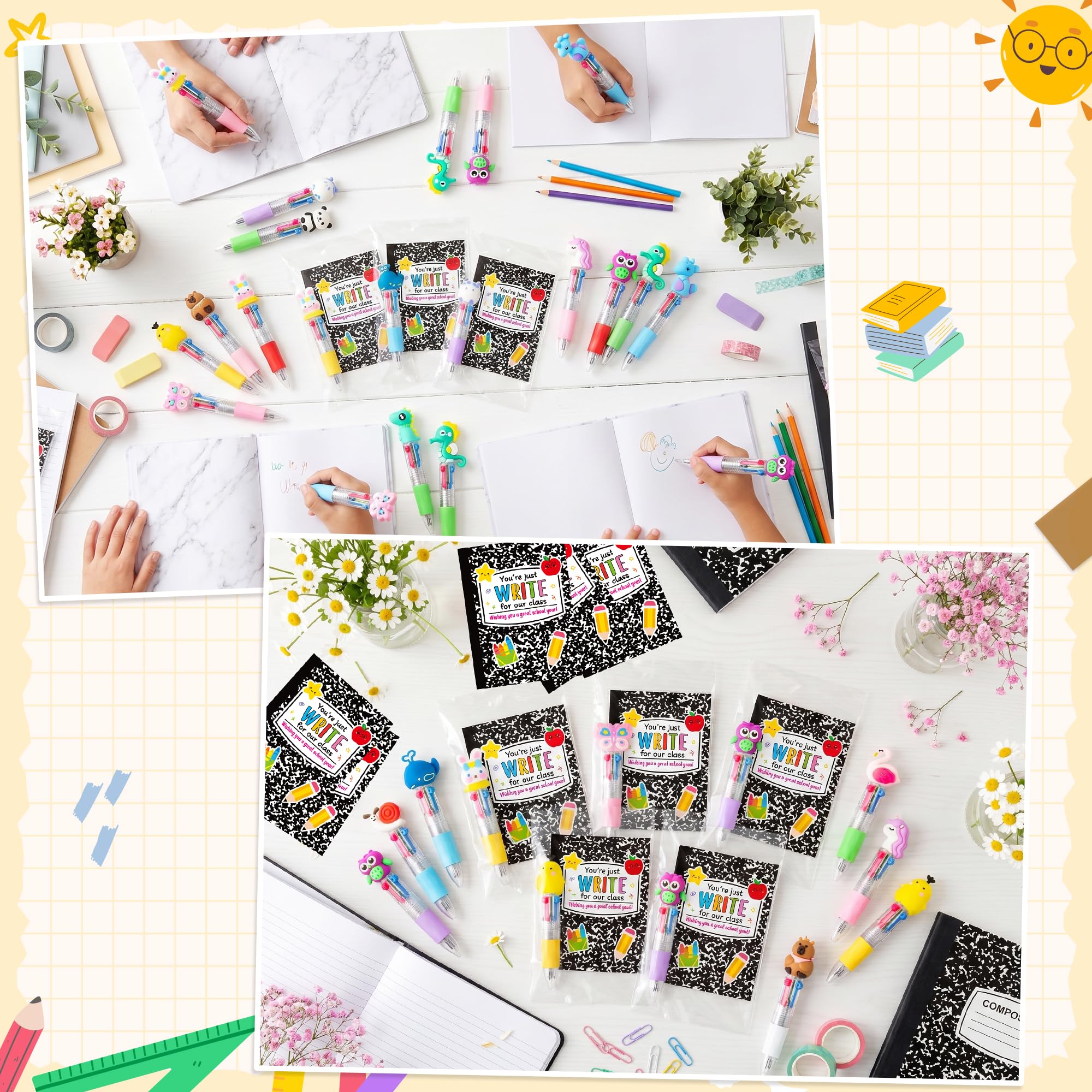ANGOLIO Cadeaux de rentrée scolaire pour étudiants – 28 ensembles de cadeaux pour le premier jour d'école comprenant des stylos à bille multicolores 4 en 1 avec cartes de vœux pour camarade de classe