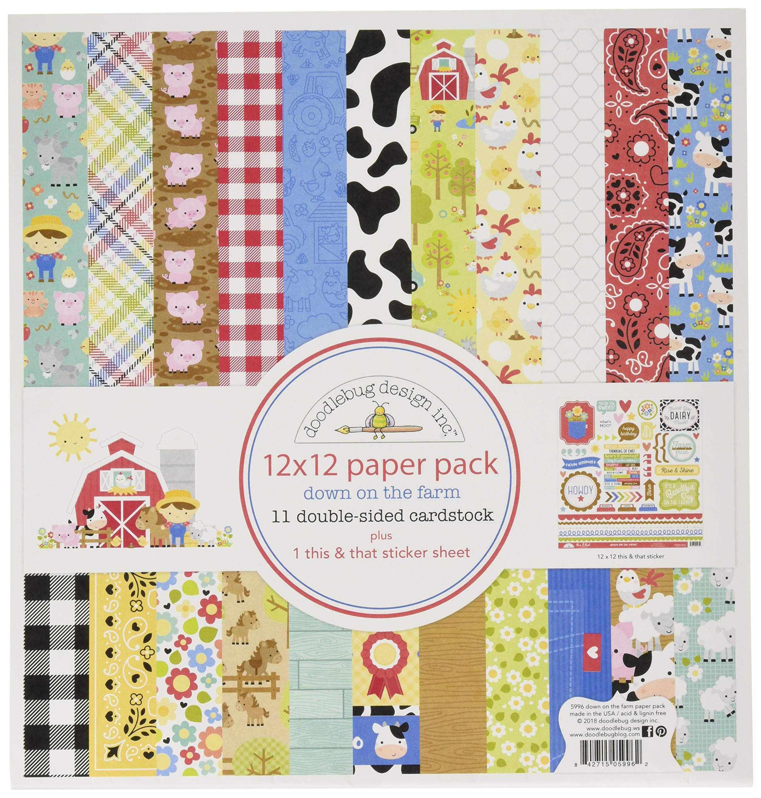 DOODLEBUG12" x 12" Down on The Farm Double-Sided Paper (11 per Pack), Multicolor
