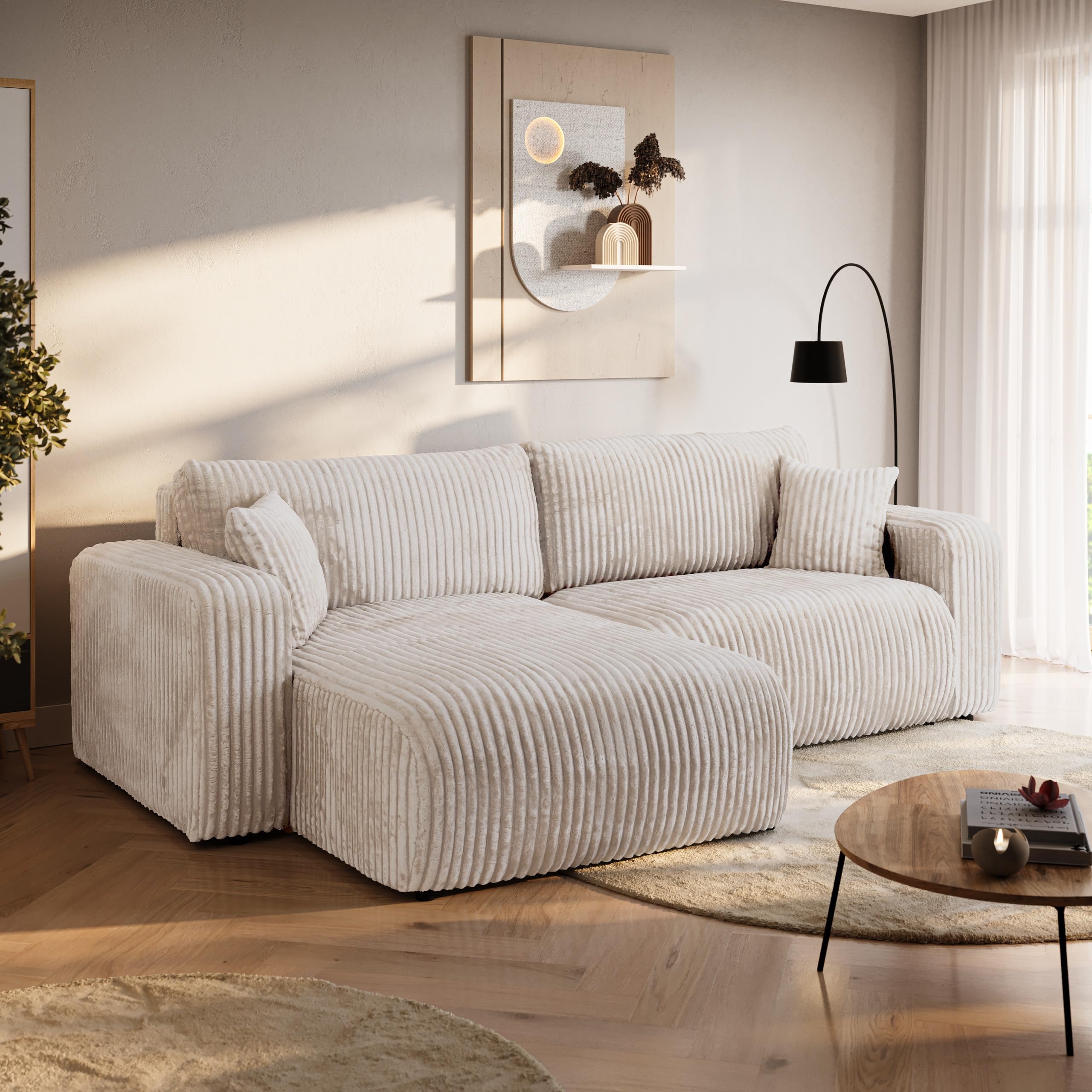 BROMARKT Ecksofa mit Schlaffunktion und Bettkasten 125x200cm L Crème | Schlafsofa mit Stauraum und Kissen Eckcouch Sofa für Wohnzimmer Wohnlandschaft 3 Sitzer Universell freistehend Couch TILIO