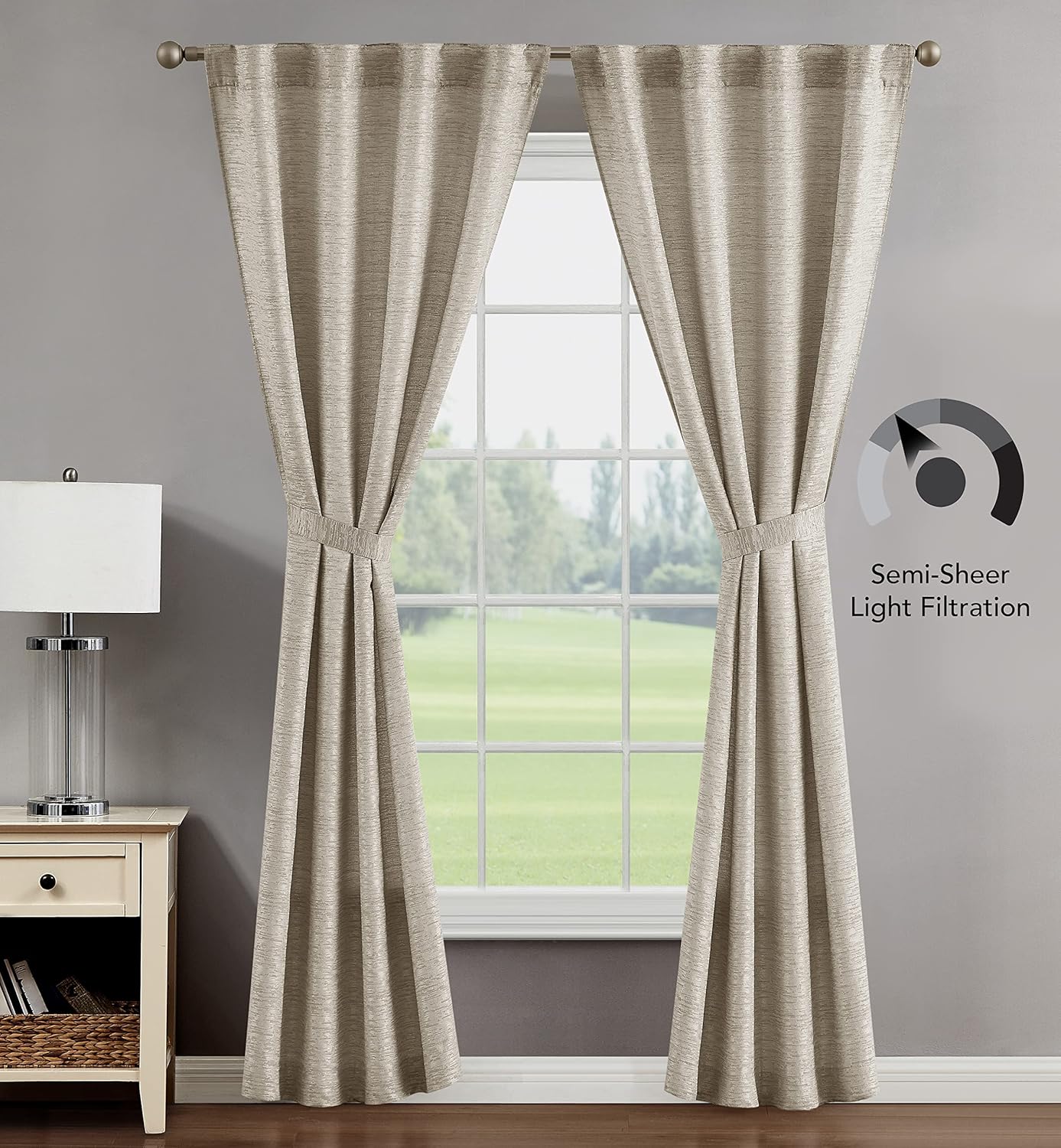 Creative Home Ideas Back Tab Window Curtain Panels (2 Panels, 38" x 96", Beige) Light Filtering Curtain Pair with Tiebacks - Melinda Lurex Jacquard Woven Curtains/Drapes for Bedroom, Living Room